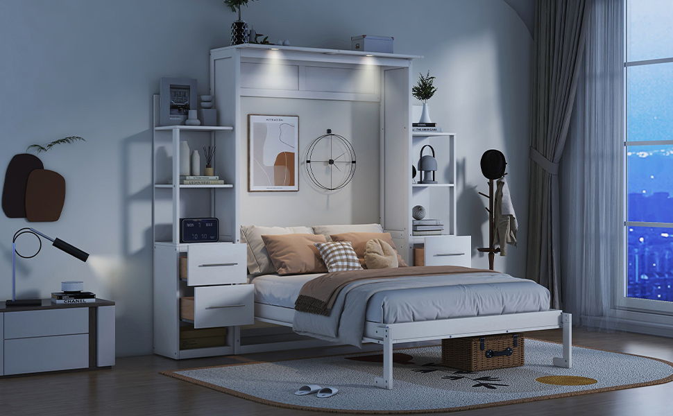 Murphy Wall Bed With Shelves, Drawers And LED Lights