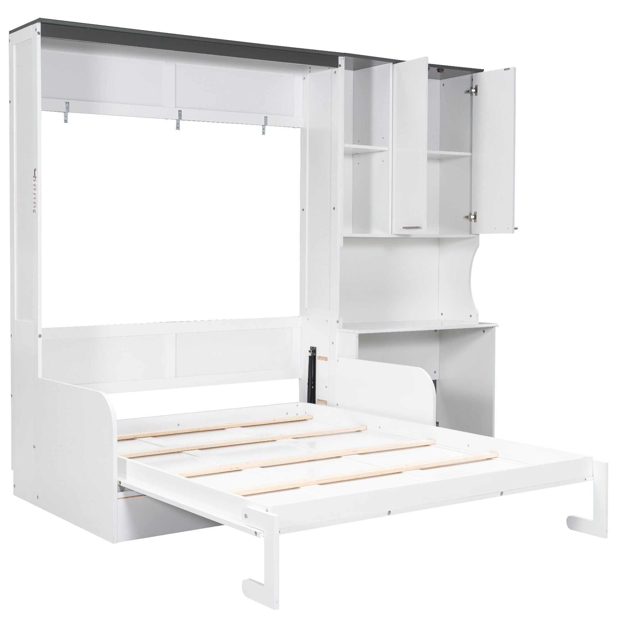 Multi Functional Murphy Bed With Sofa, Desk, And Storage Cabinet, Queen Size - White