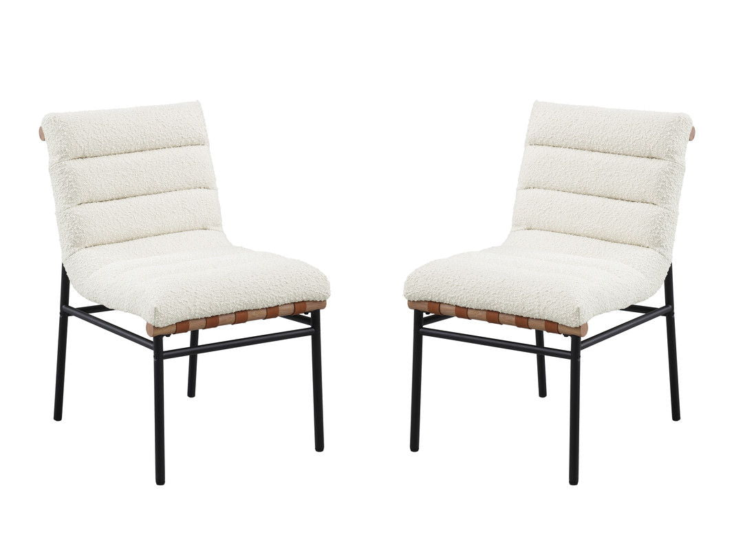Lahni White Boucle Fabric Set of 2 Dining Chair with Black Iron Legs