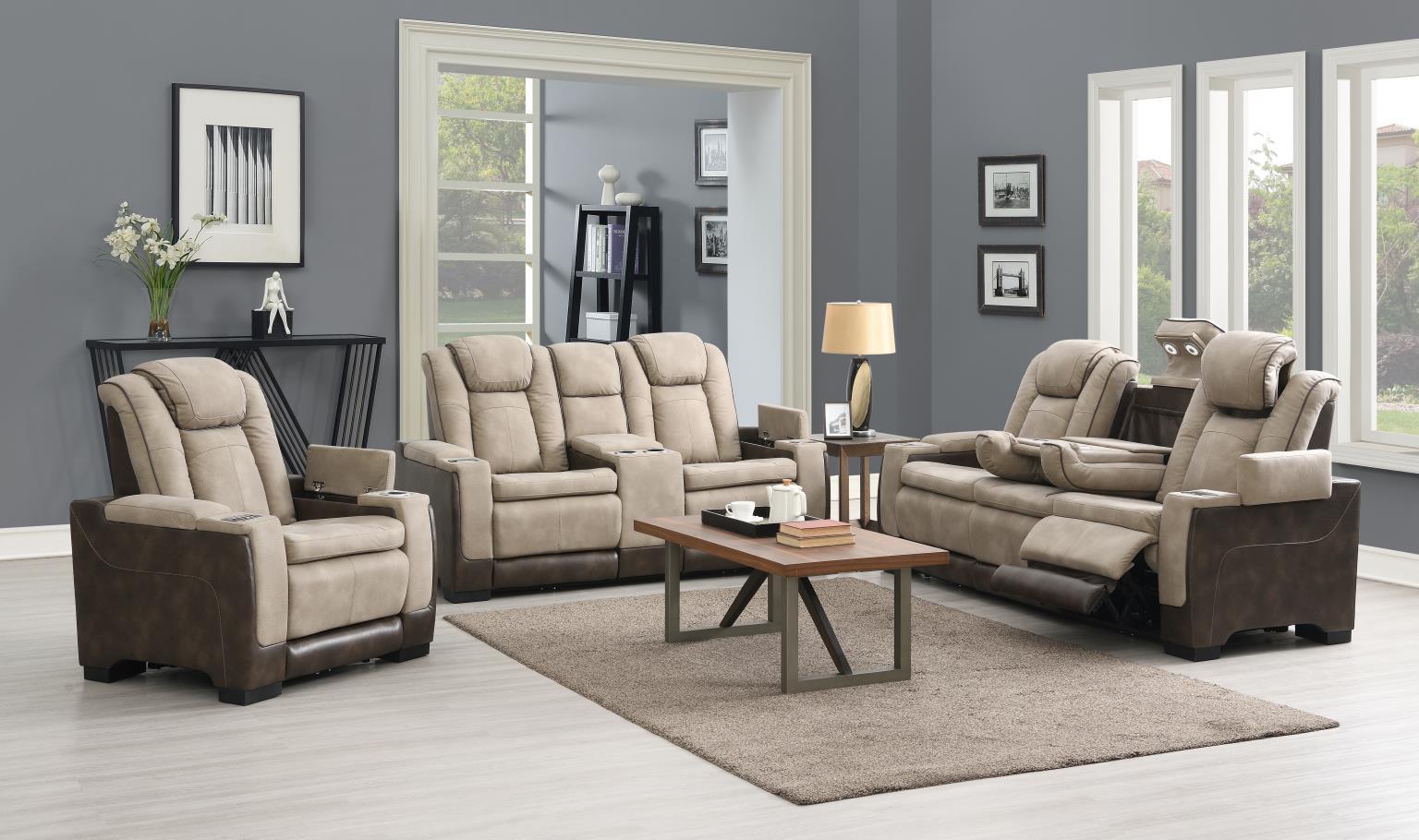 U78 - Power Reclining Sofa With Power Headrest, Reading Light, Magzine Pocket, Storage Arms / USB And Wireles Charger - Sand / Brown