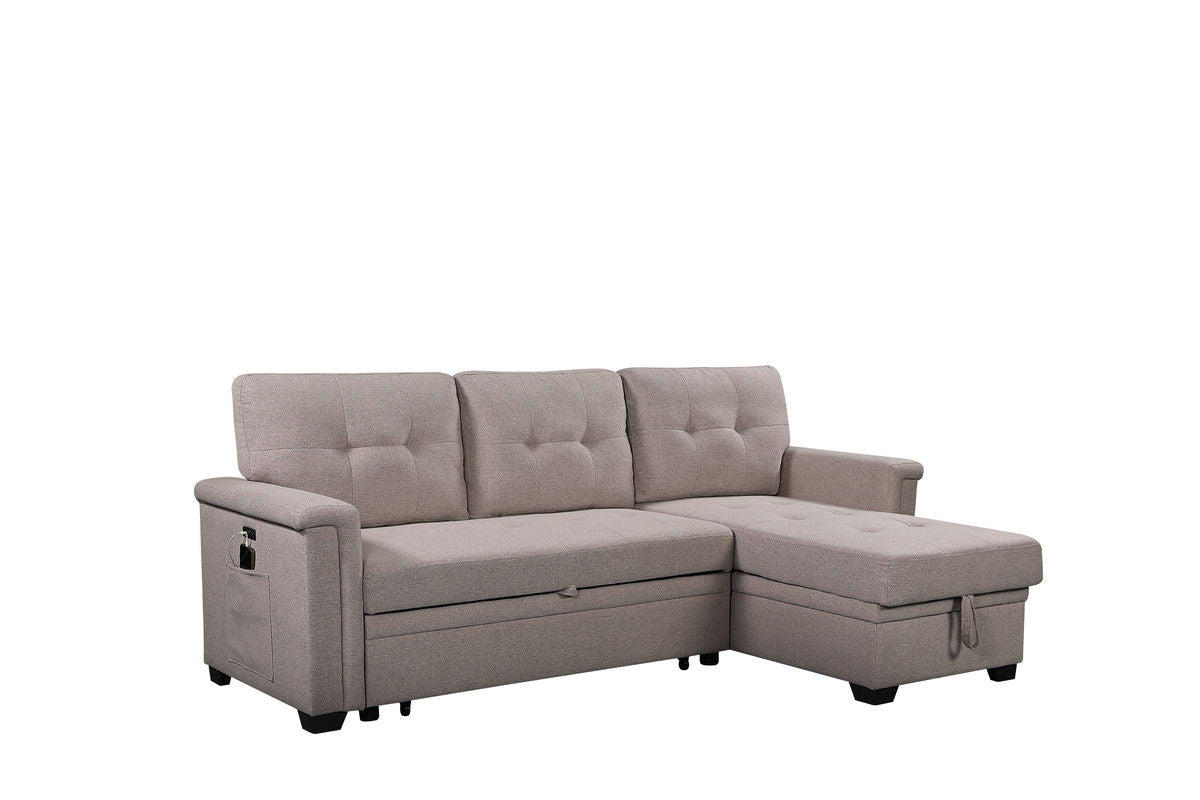 Ashlyn 84"W Light Gray Reversible Sleeper Sectional Sofa with Storage Chaise, USB Charging Ports and Pocket