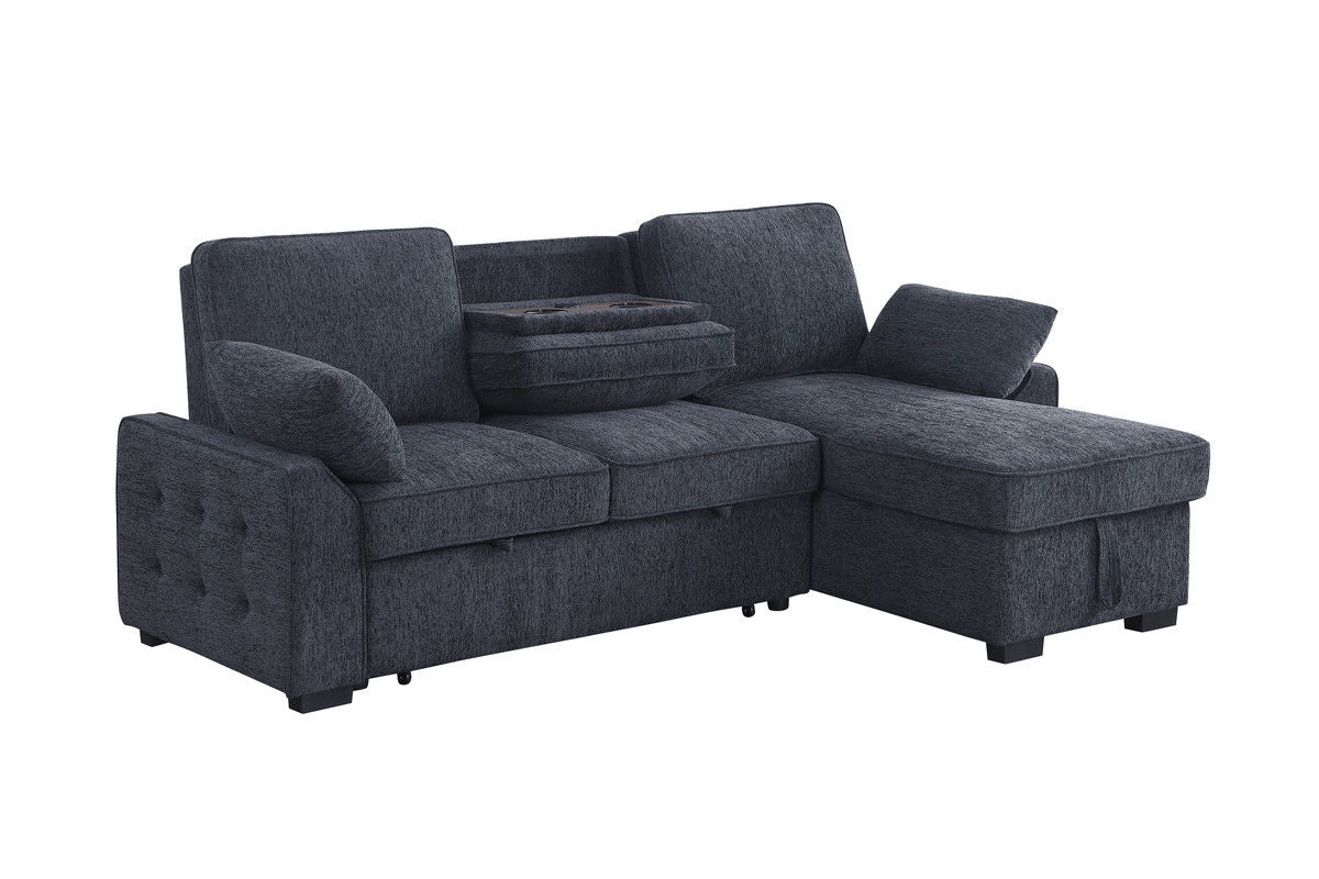 Mackenzie 91"W Charcoal Chenille Fabric Reversible Sleeper Sectional with Storage Chaise, Drop-Down Table, Cup Holders and Charging Ports