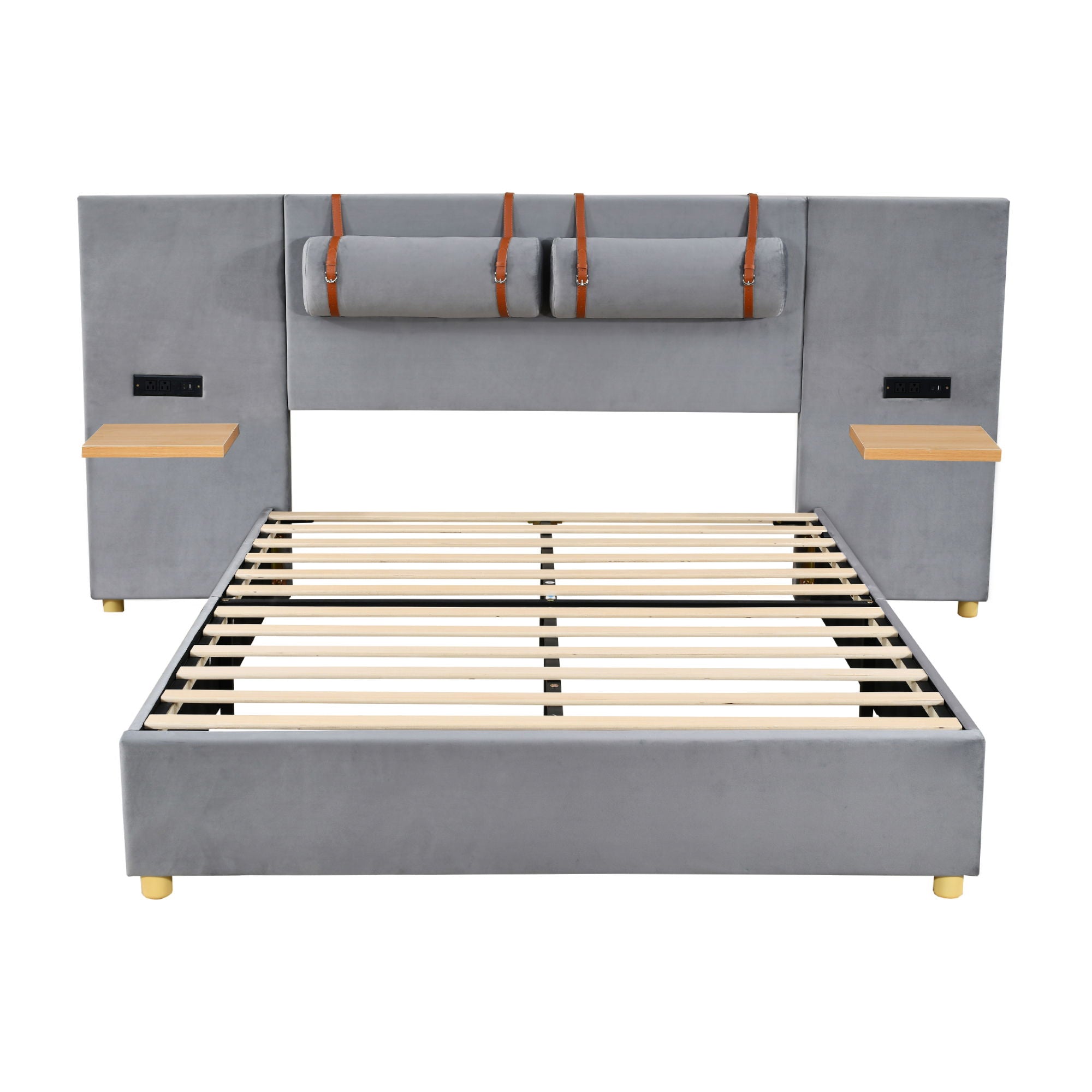 Upholstered Platform Bed, 2 Outlets And USB Charging Ports On Both Sides, 2 Bedside Pillows, Storage Shelves
