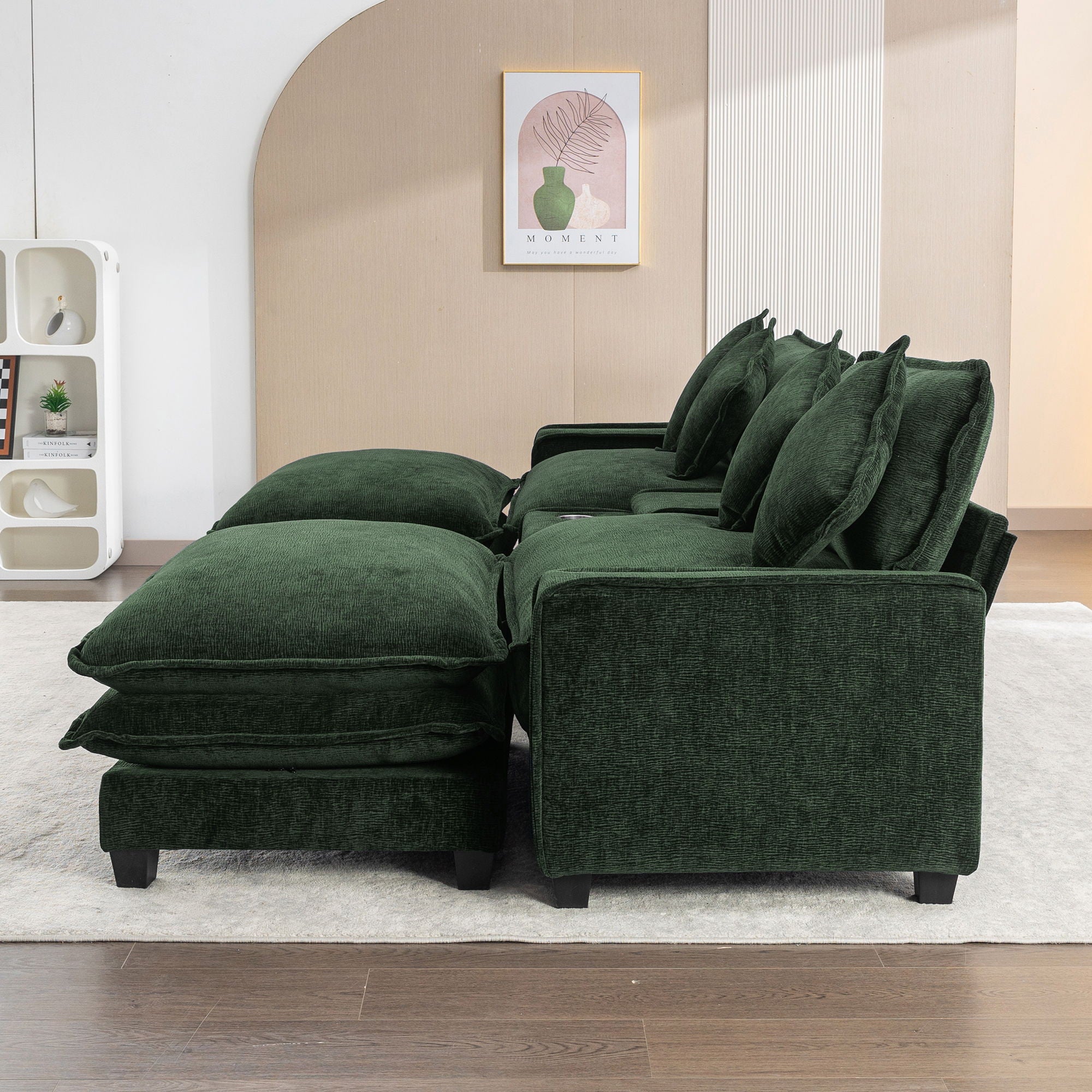 Sectional Sofa Chenille Upholstered Sofa With Two Removable Ottoman, Two USB Ports, Two Cup Holders And Large Storage Box For Living Room