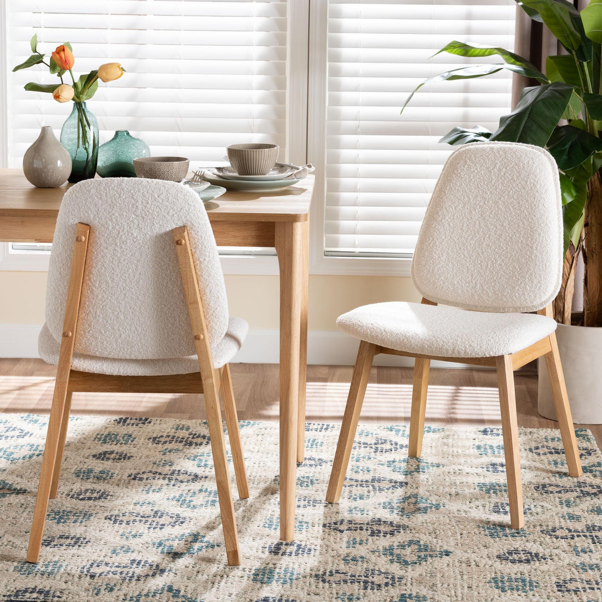 Hudson Boucle Upholstered Dining Chair Set of 2- Mid-Century Modern Side Chair with Solid Wood Frame and Rounded Backrest, Natural and White