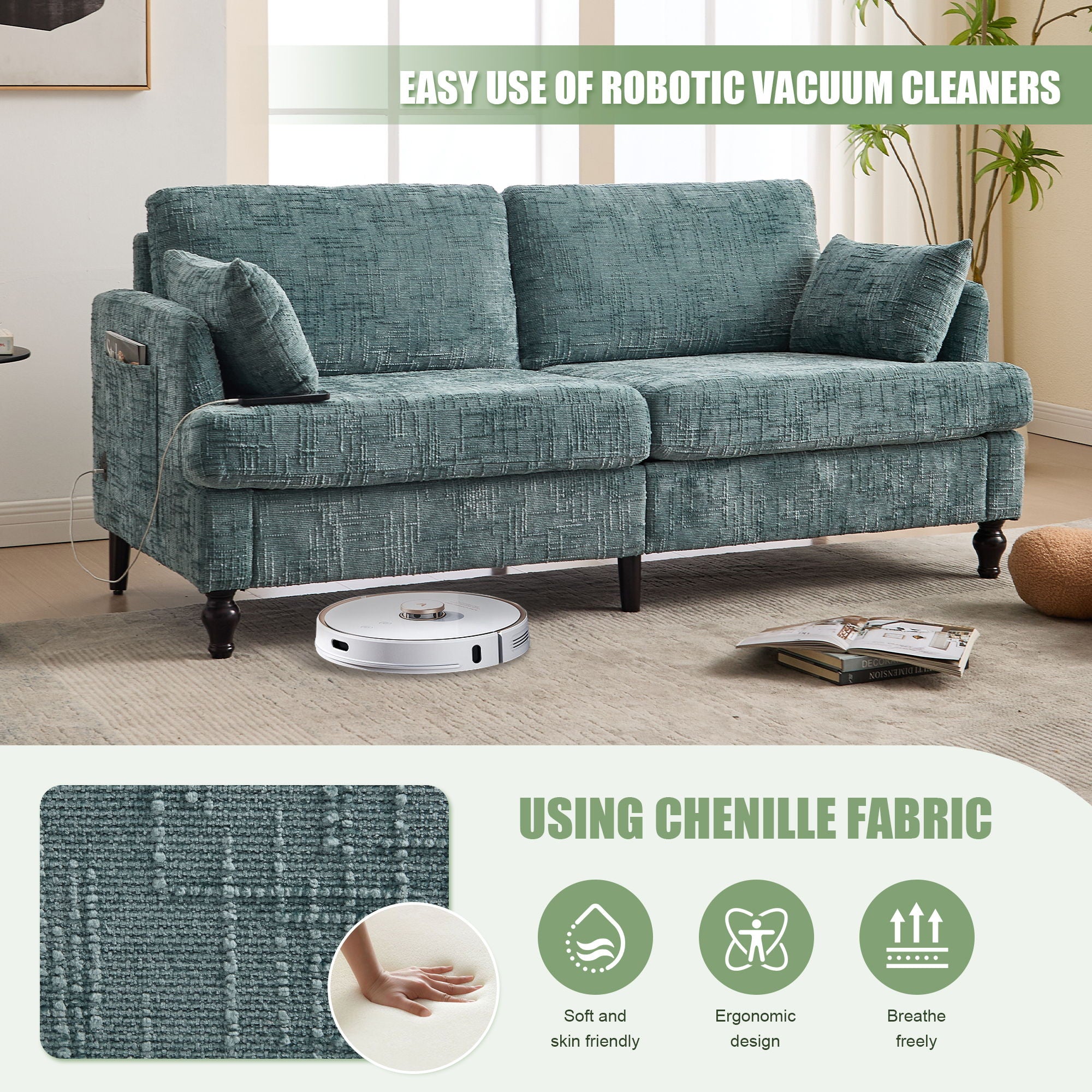 Chenille 2 Seater Sofa With LED Light, USB Charging Port, And Storage Bag