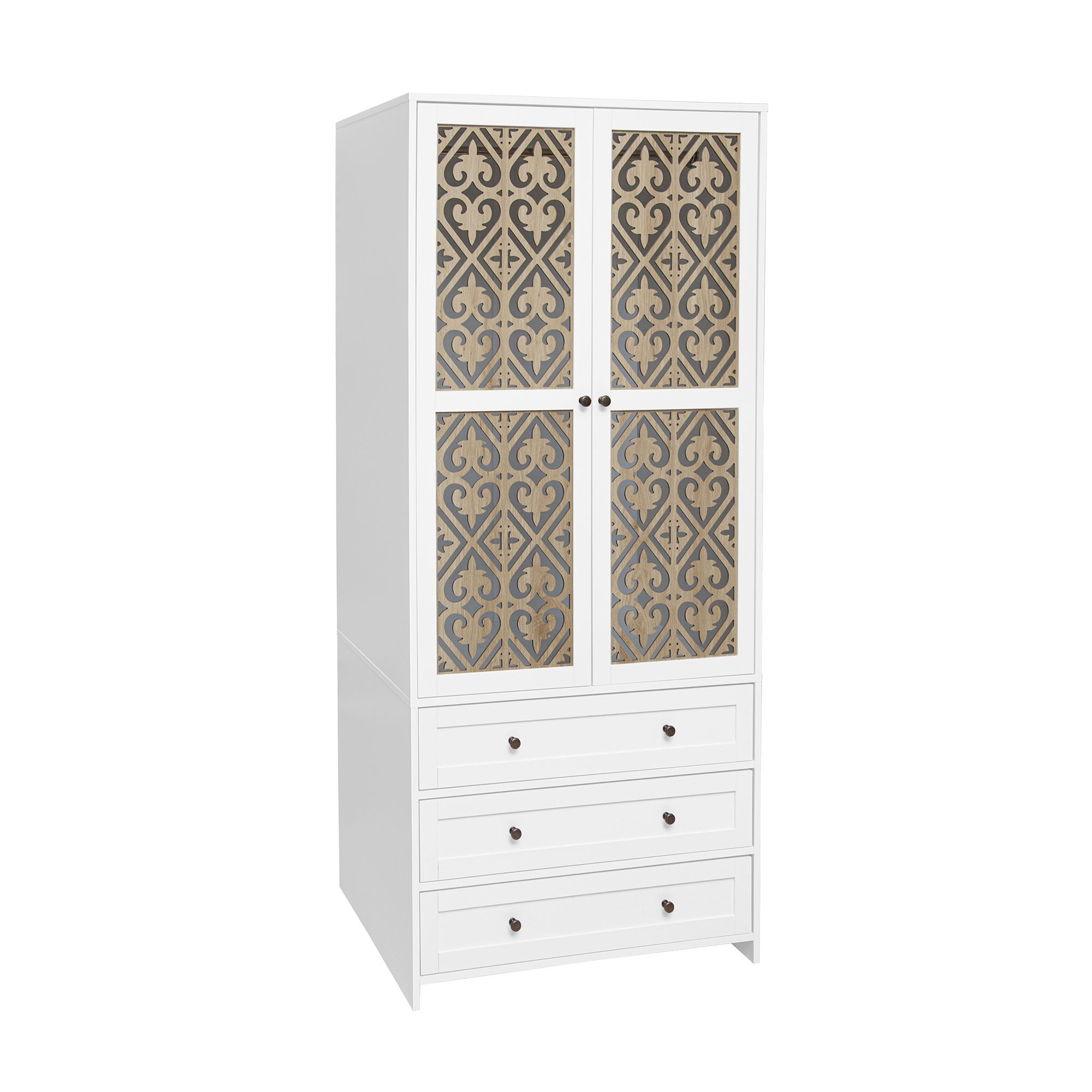 Hollow Pattern 2 Door 3 Drawer Wardrobe, The Collision Of Wood Color, Suitable For Bedrooms And Dressing Rooms - White