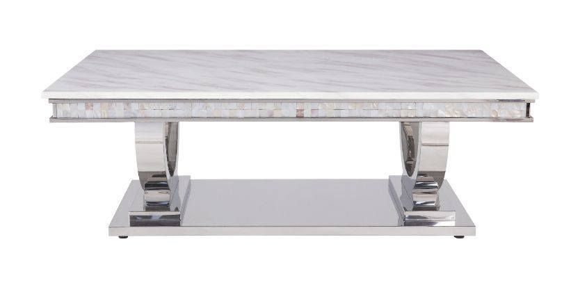 ACME Zander - Coffee Table - White Printed Faux Marble & Mirrored Silver Finish | Meri Furniture