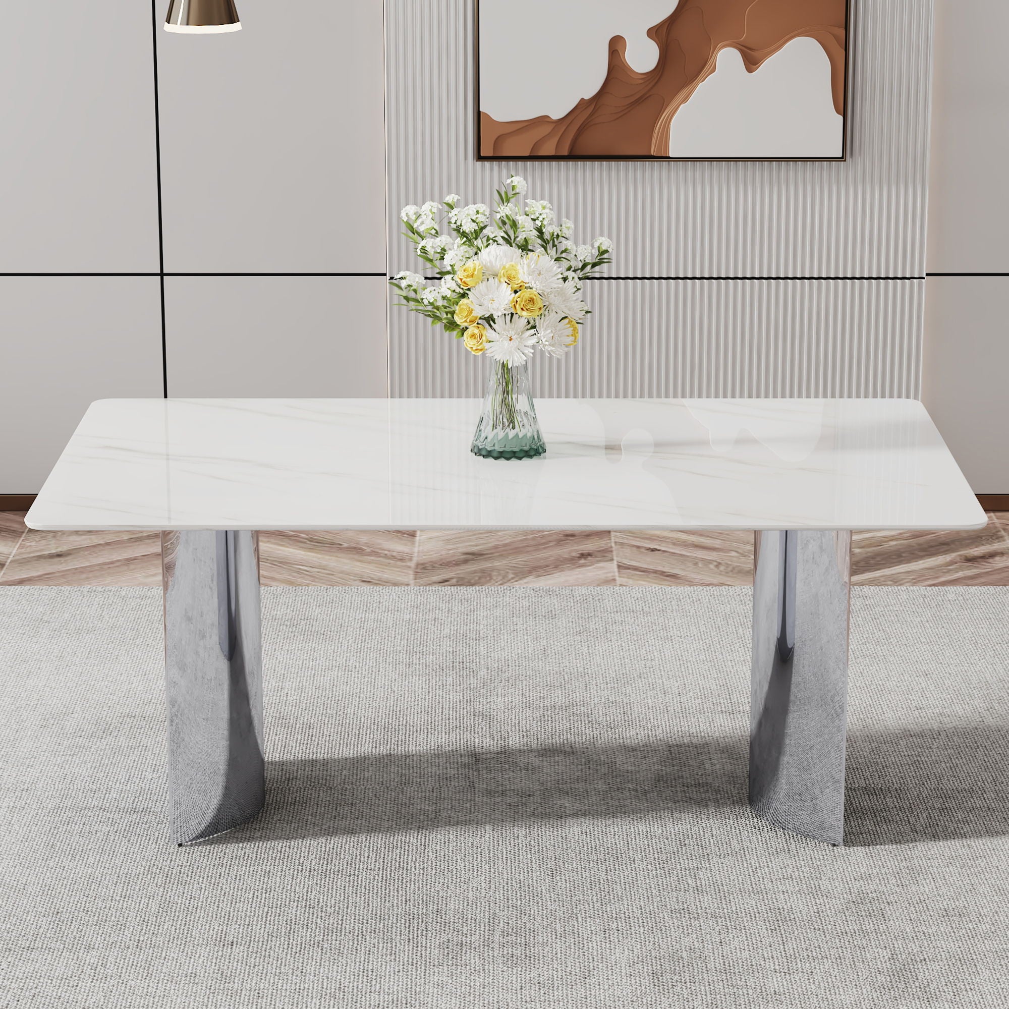 Modern Minimalist Dining Table With Marble Glass Top