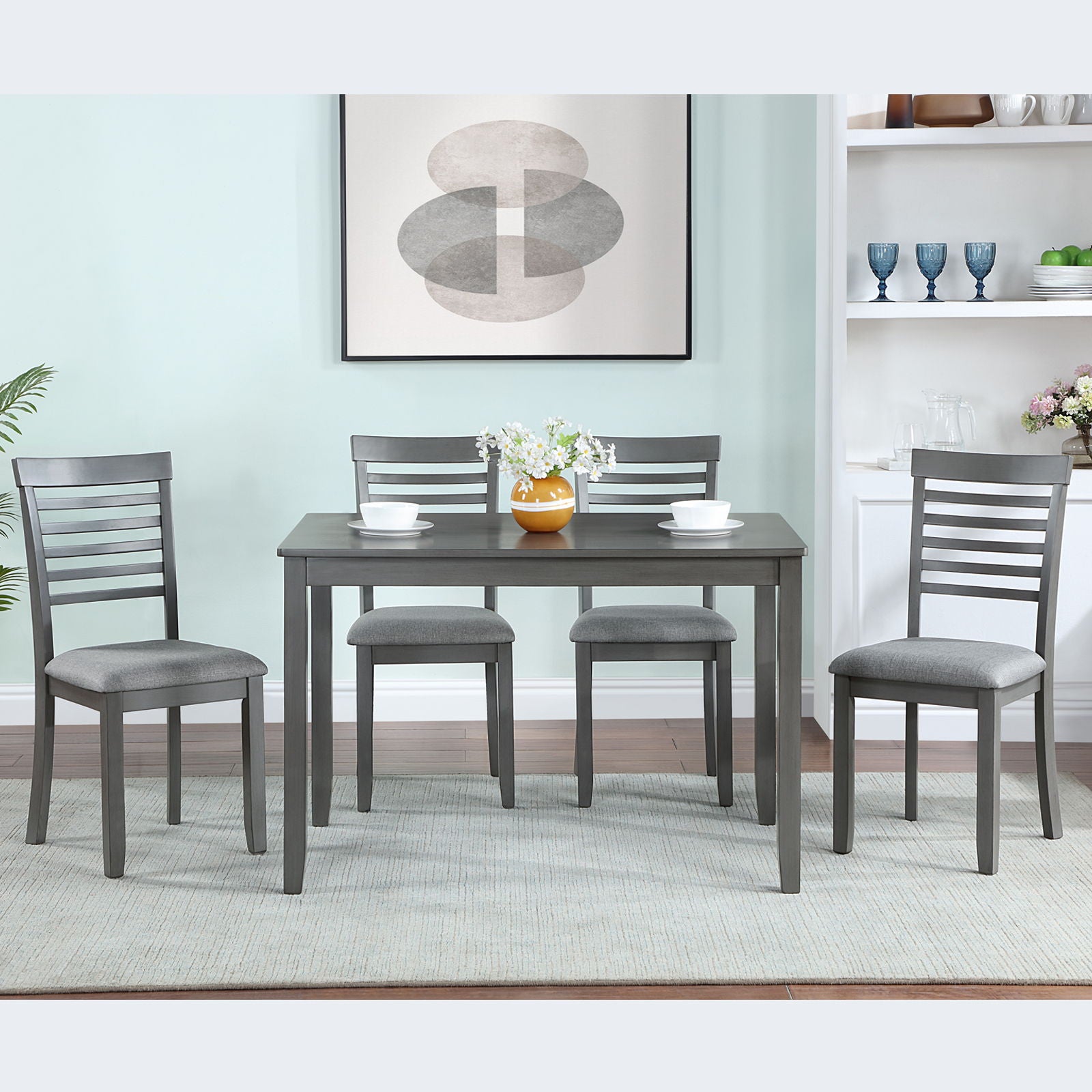 5 Pieces Modern Dining Set, Rectangular Wooden Dining Table With 4 Upholstered Chairs