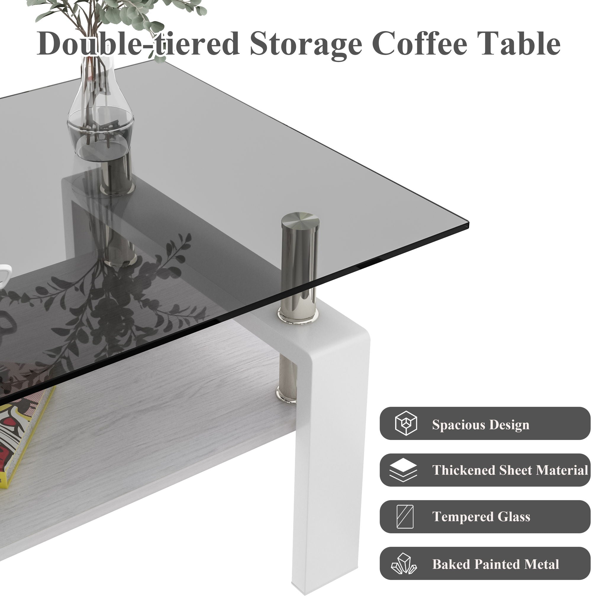 Modern Rectangular Coffee Table With Tempered Transparent Glass Top And Storage Shelf