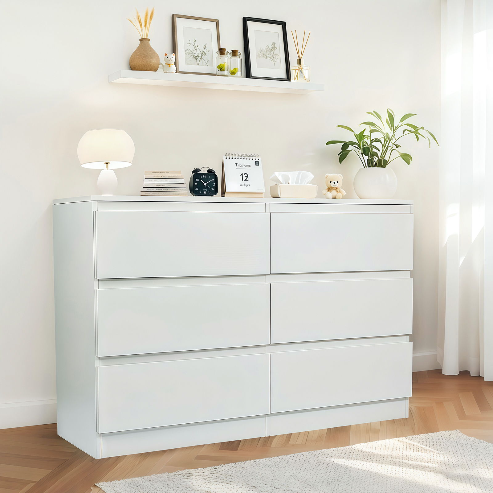 6 Drawer Dresser With Spacious Countertop And Concealed Handles