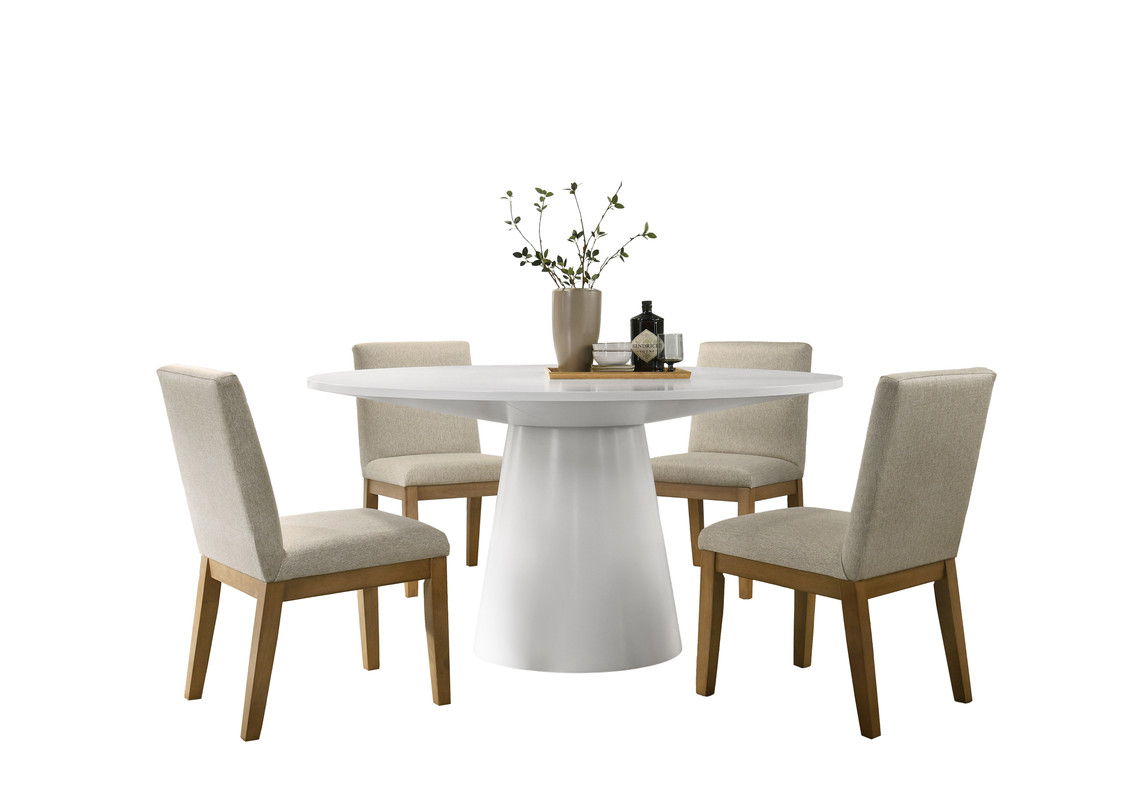 Jasper White 5 Piece 59" Contemporary Round Dining Table Set with Pedestal Base and Beige Fabric Chairs