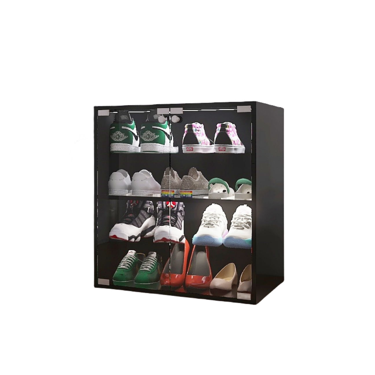 4 Layers Shoe Cabinet With Glass Door And Glass Layer Shoes Display Cabinet With LED Light Bluetooth Control - Black