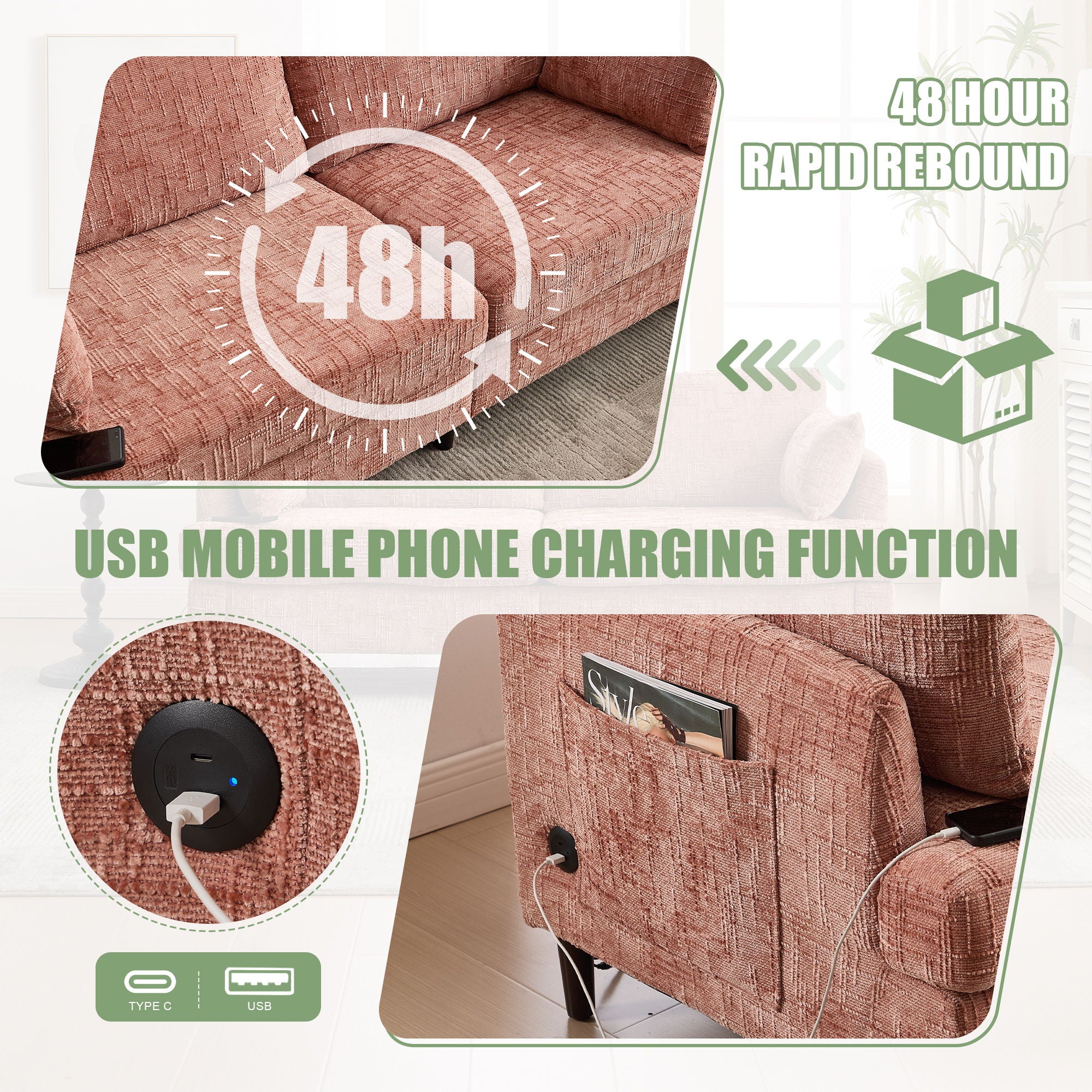 Chenille 2 Seater Sofa With LED Light, USB Charging Port, And Storage Bag