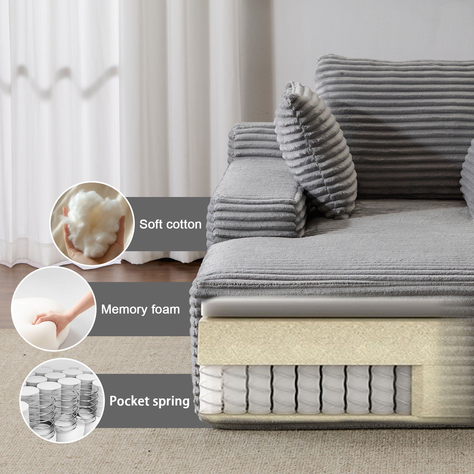 Oversized Chaise Lounge Chair Cozy Cloud Couch With 3 Throw Pillows And Wide Armrest