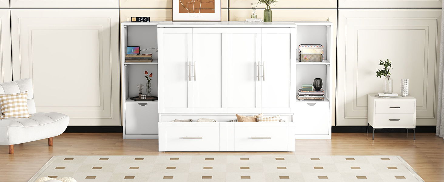 Murphy Bed With Shelves, Drawers And USB Ports