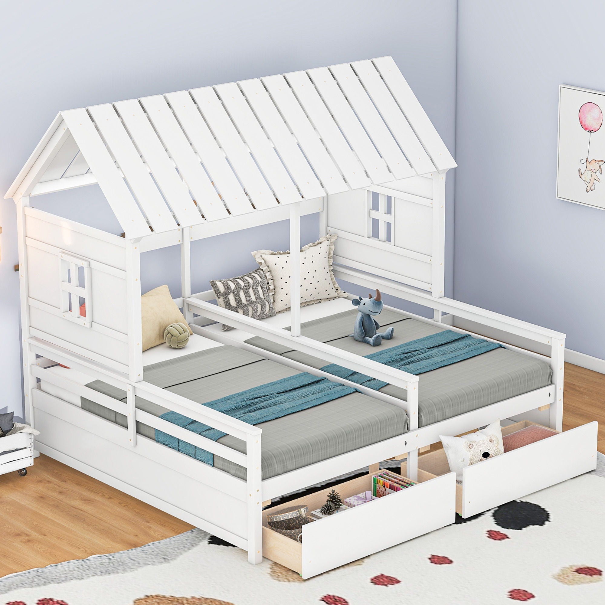 House Platform Beds With 2 Drawers, Side By Side Design