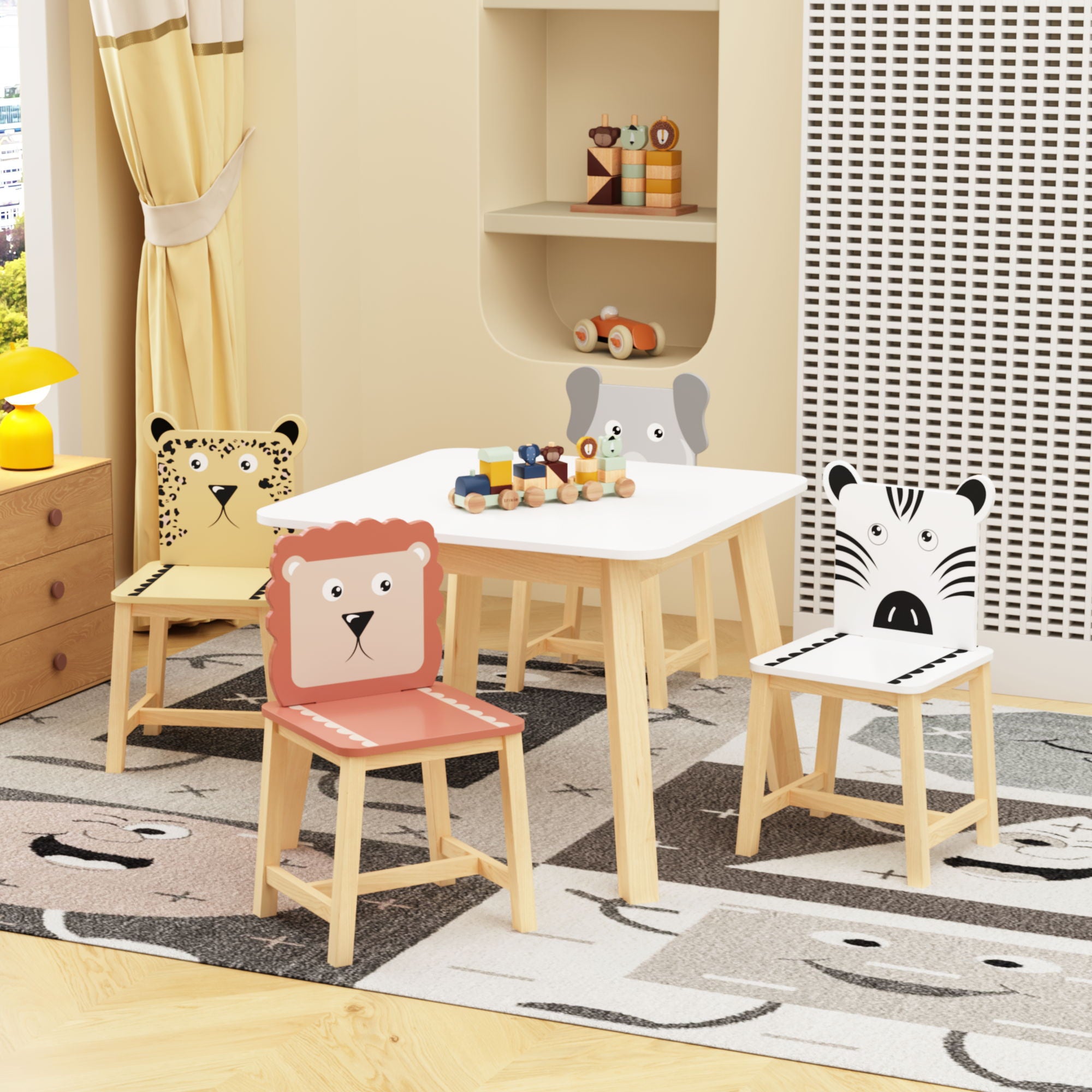 Kids Table And Chair Set With Cartoon Animals Design - White