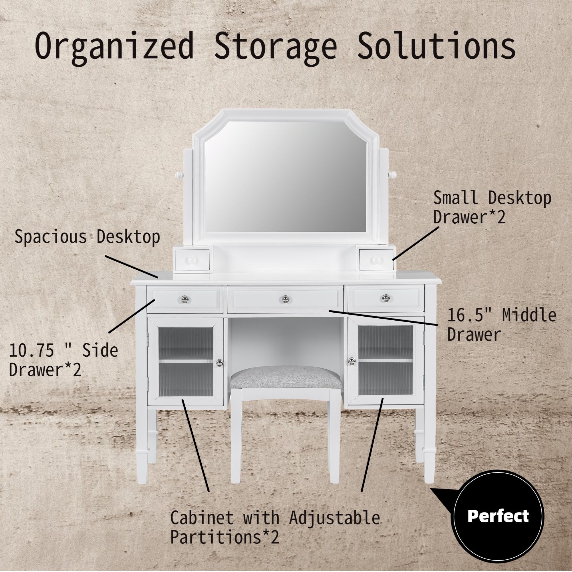 Elegant Makeup Vanity Desk With Adjustable Mirror And Storage And Construction - White