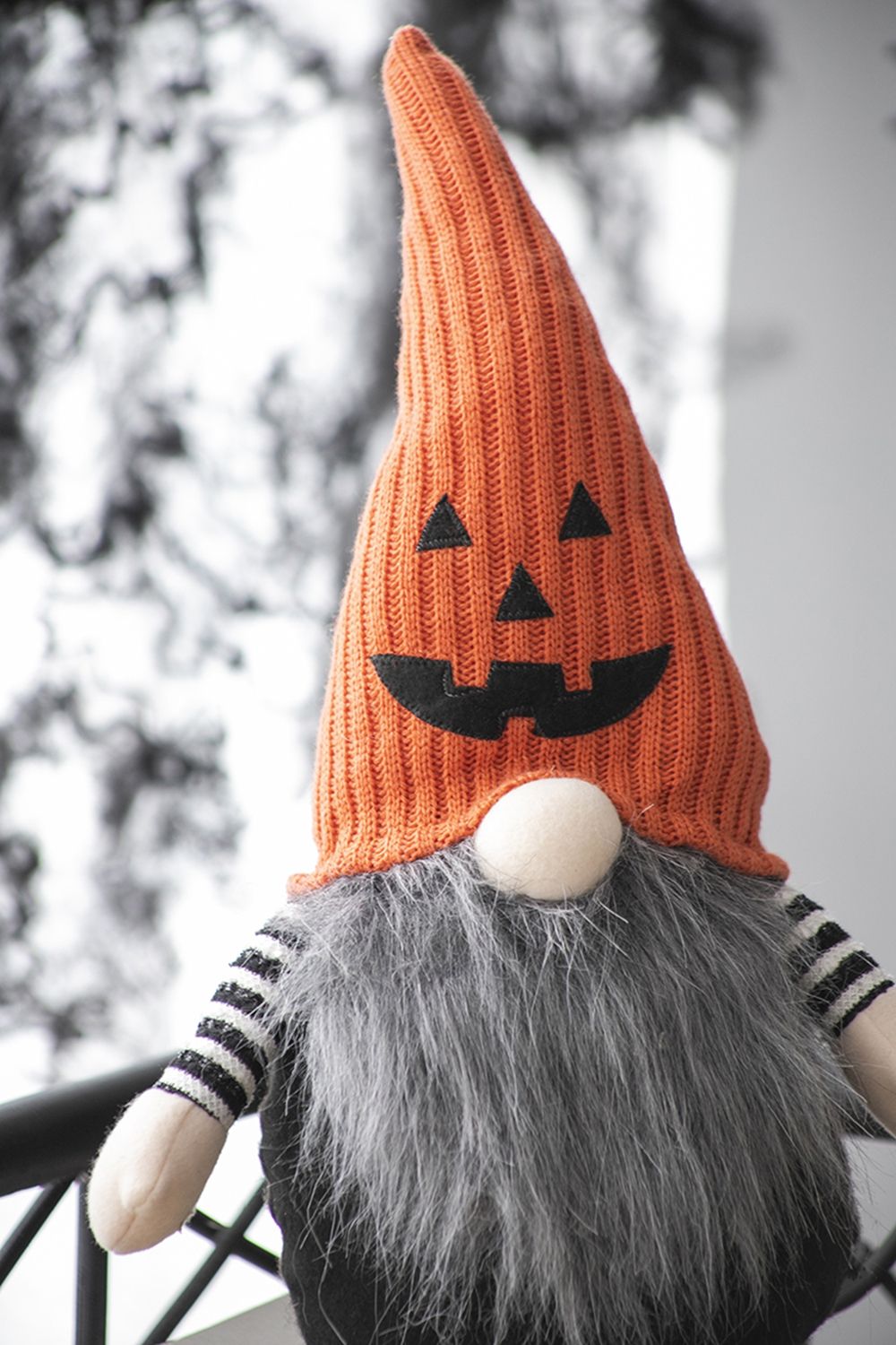 Sitting Gnome With Knit Hat, For Halloween Decor - Black / Orange / White