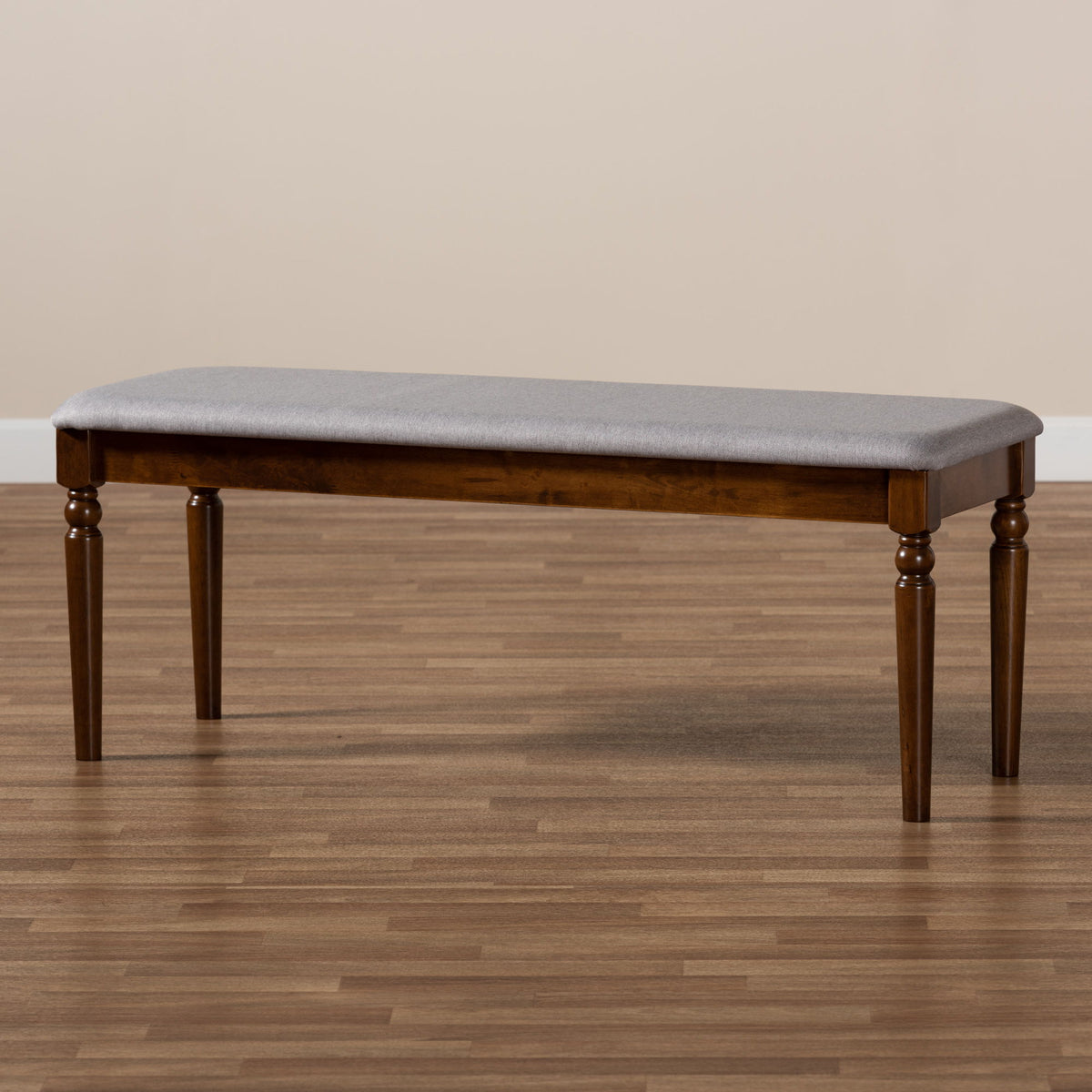 Giovanni Modern and Contemporary Grey Fabric Upholstered and Walnut Brown Finished Wood Dining Bench