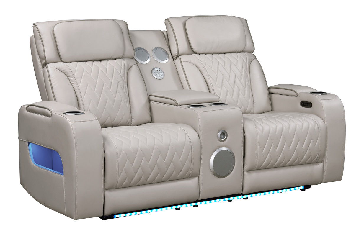 Jazz Ice Leather Aire Transformer Power Reclining Sofa & Loveseat Living Room Set with Power Headrest, Bluetooth Speakers, LED Lights, Wireless Charging Drop-Down Table, USB & USB-C Ports, Storage & Cupholders