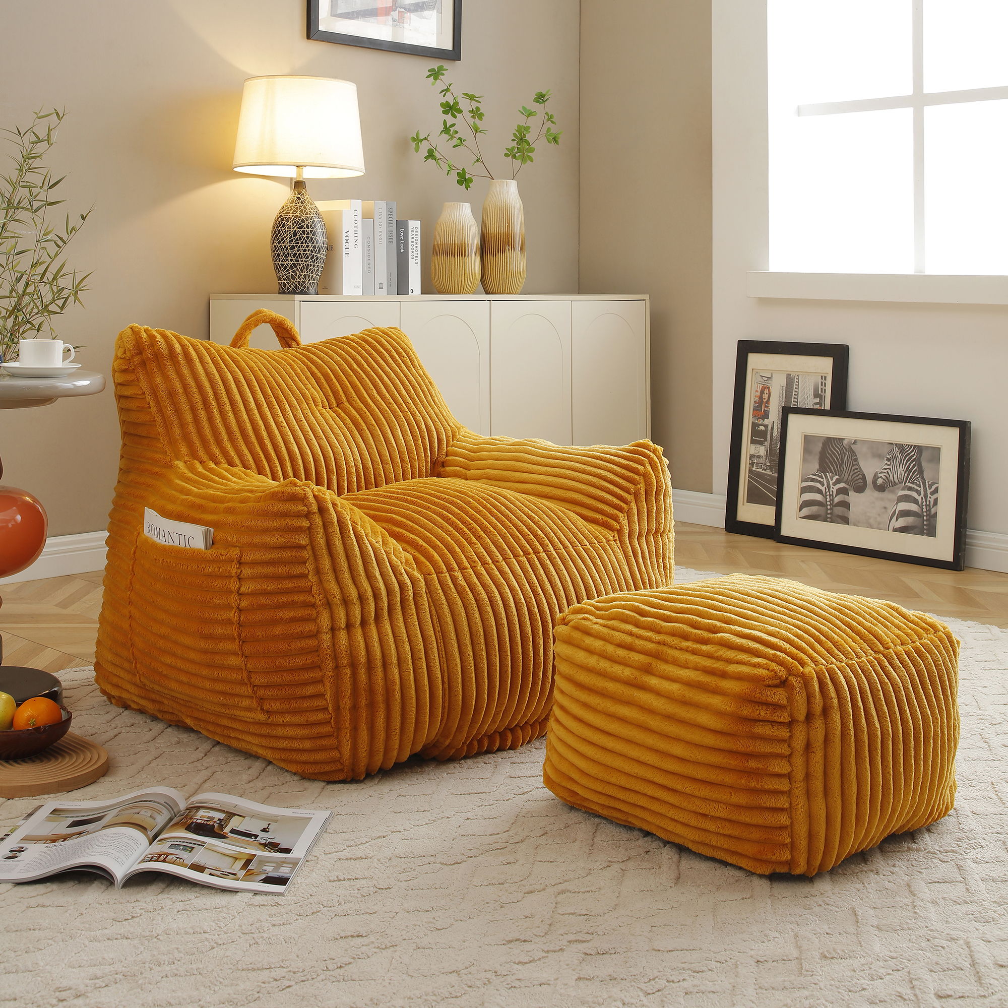 Giant Plush Bean Bag Chair With Armrests And Footstool