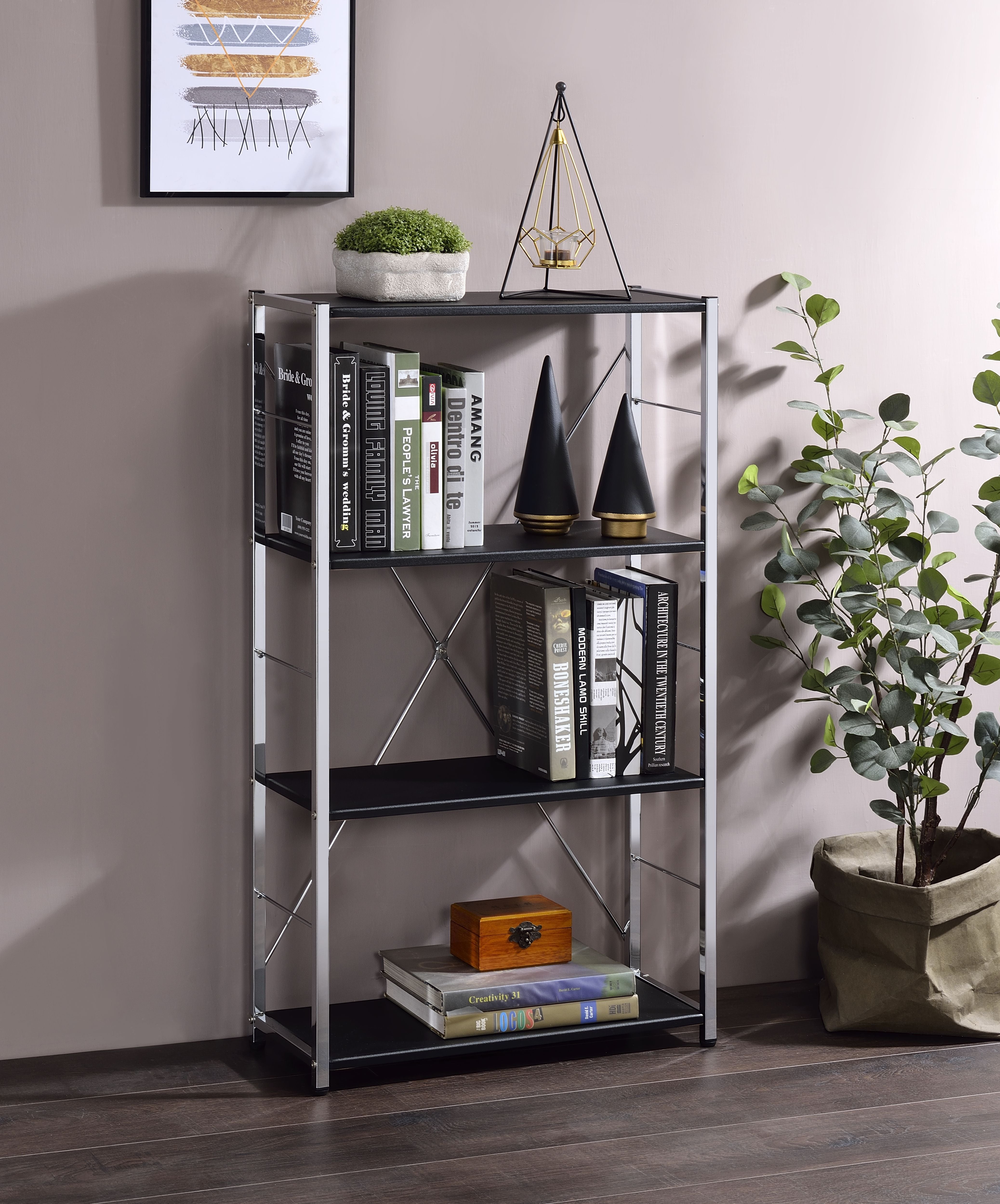 ACME Rectangular BookshelfModern Concise Design Chrome Metal Frame X-Shape Cross Bar4 Tier Shelf Book Case | Meri Furniture