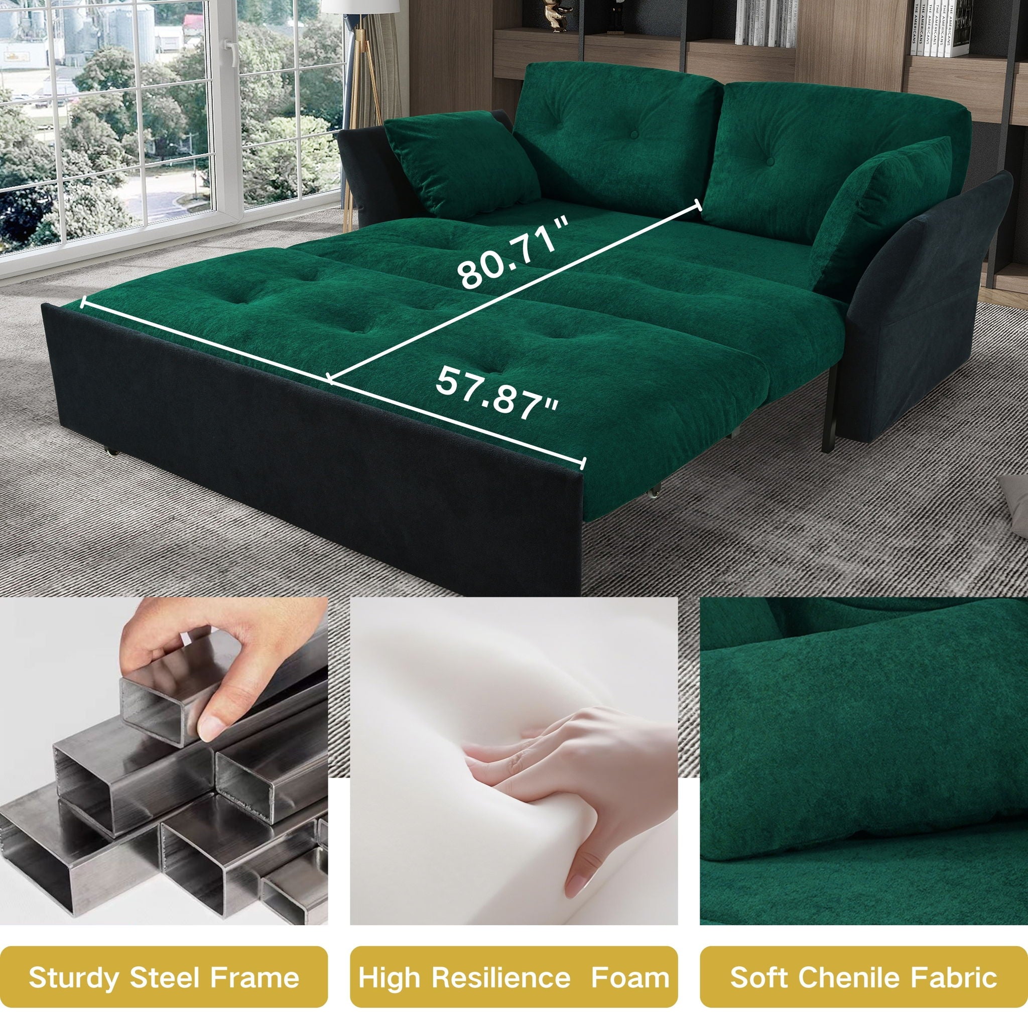 Modern Convertible Sleeper Sofa Bed With Pull-Out Queen Design, Side Storage & Thick Cushions