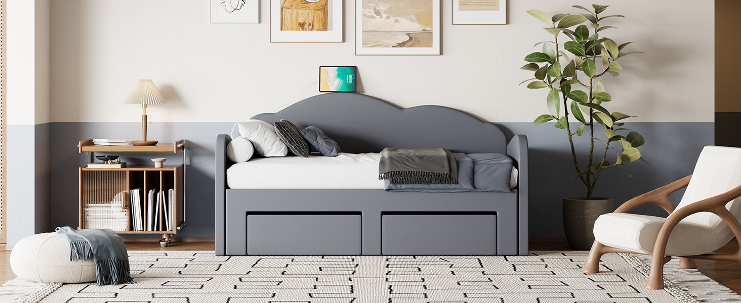 Upholstered Daybed With Cloud-Shaped Backrest, Trundle & 2 Drawers And USB Ports