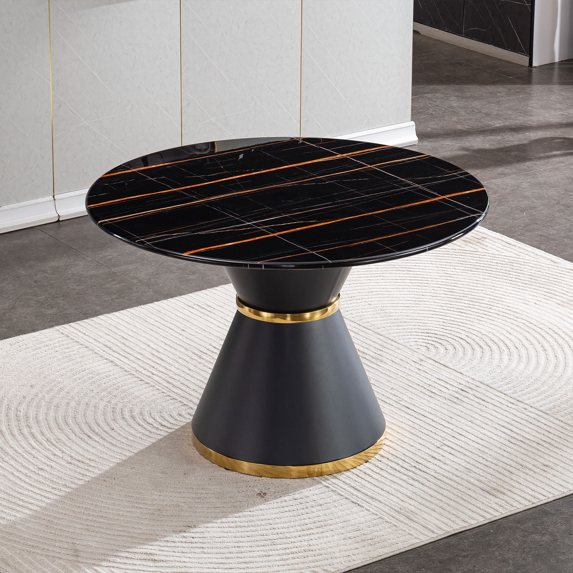 Marble Printed Round Dining Table - Black Columnar Base With Gold Annulus Not Including Chairs - Black