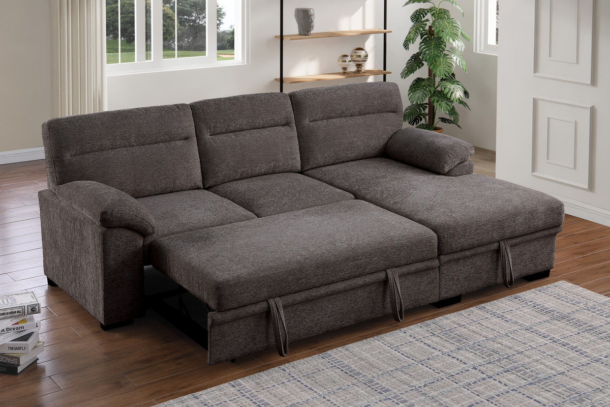 Kipling II 94"W Brown Chenille Fabric Sleeper Sectional Sofa with Right-Facing Chaise, Cupholders, USB Charging port