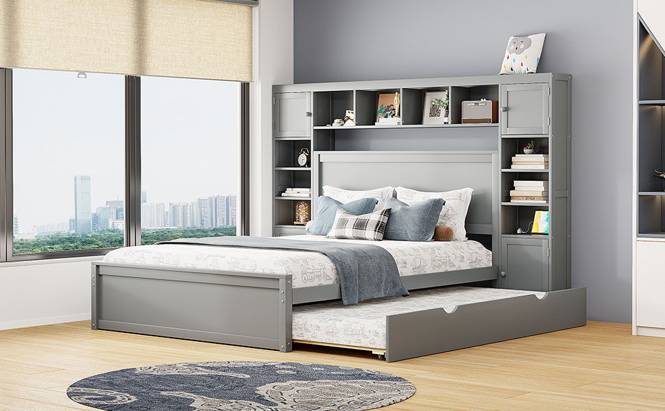 Bed With All In One Cabinet, Shelf And Sockets, Twin Long Trundle