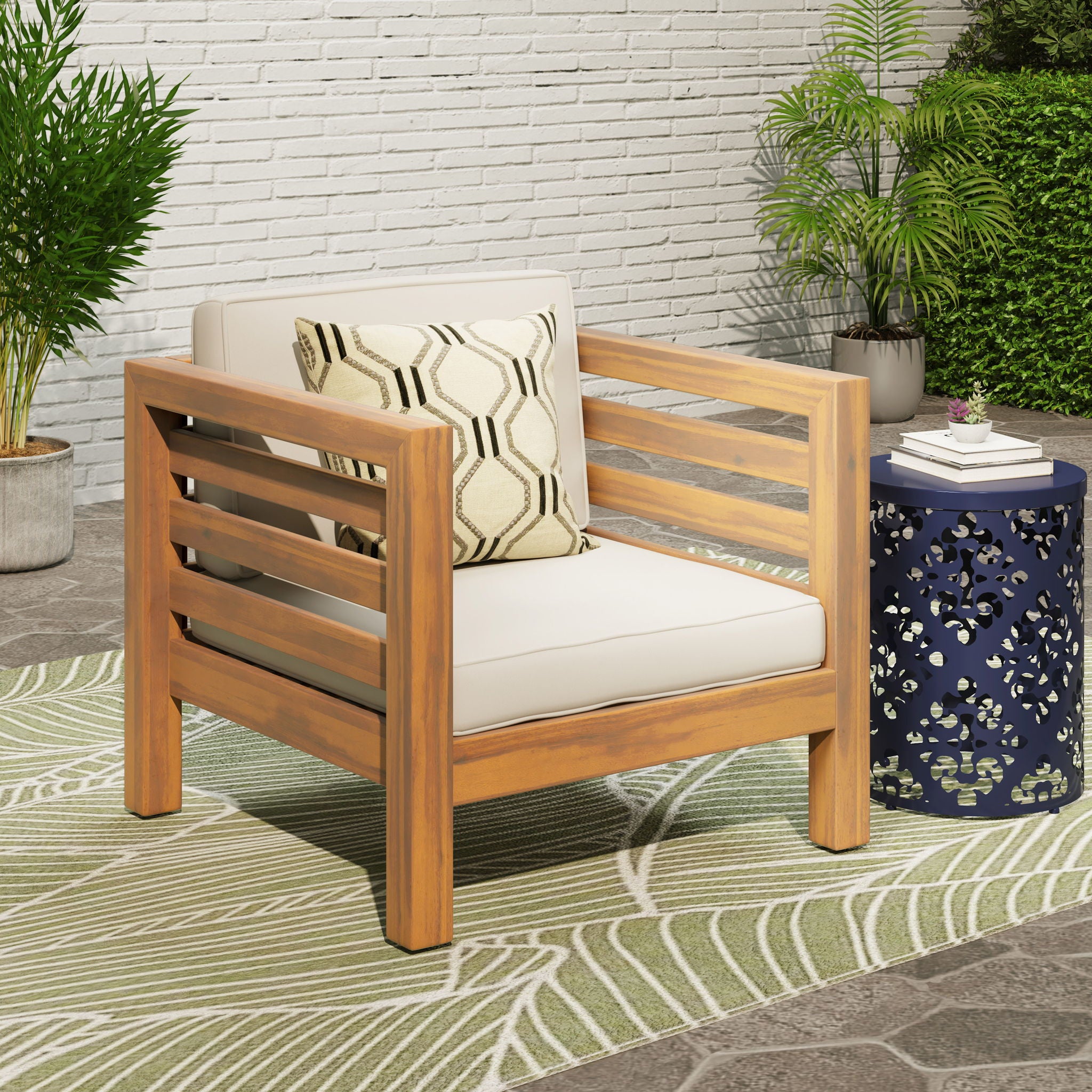Outdoor Acacia Wood Patio Chair With Fabric Cushion