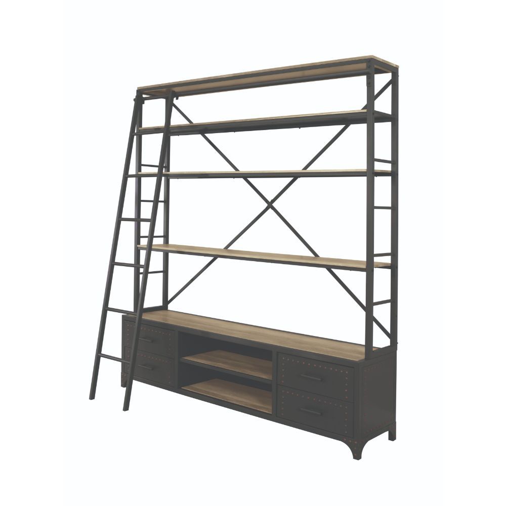 ACME Depict the gentle flow of industrial modern decor with the Actaki bookshelf and ladder set. Industrial modern shelving unit with 4 drawers with Nailhead trim and 2 open shelves provide a unique storage and display to you room. Some assembly required.