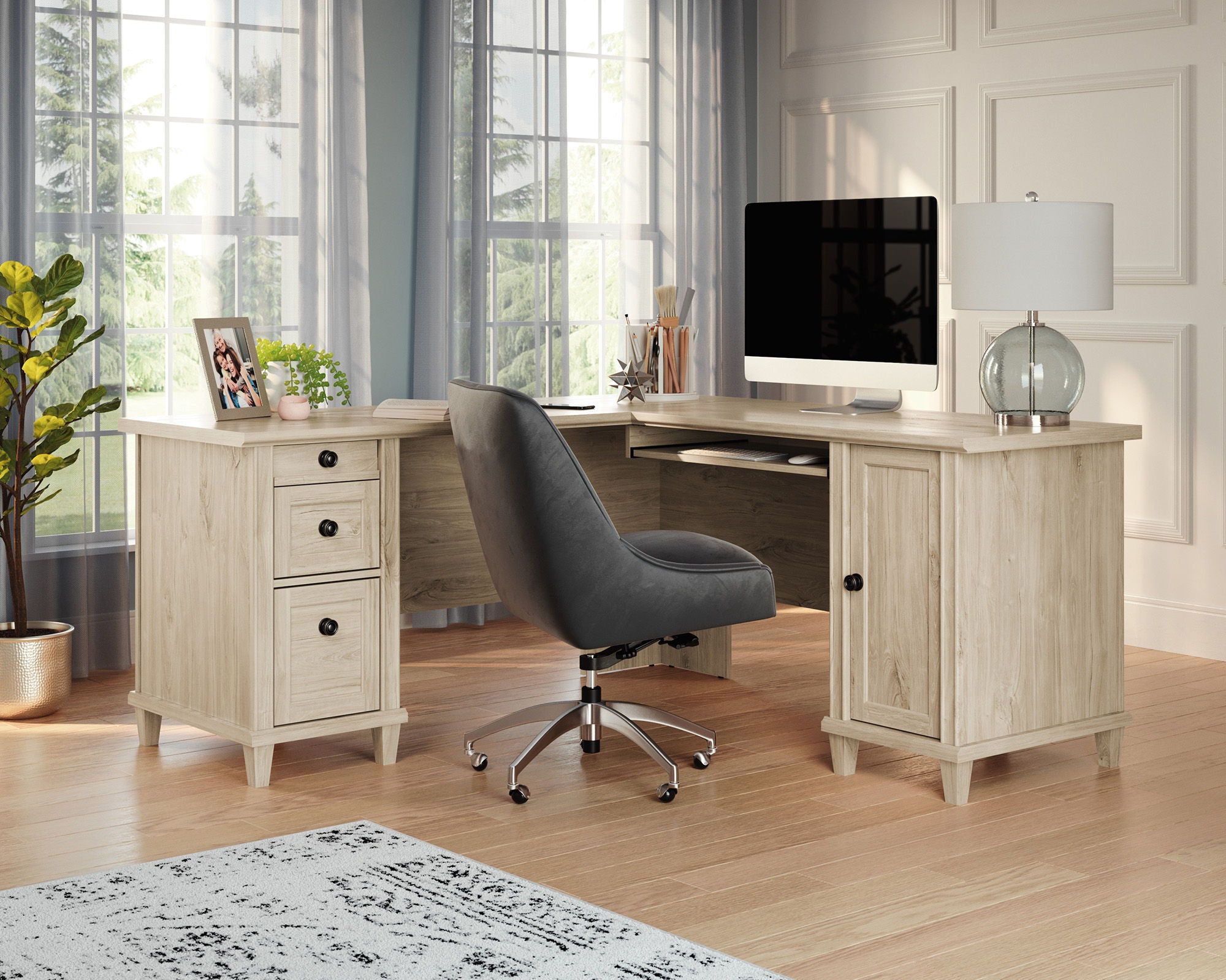 Chalk Oak L-Shaped Desk with Cord Management