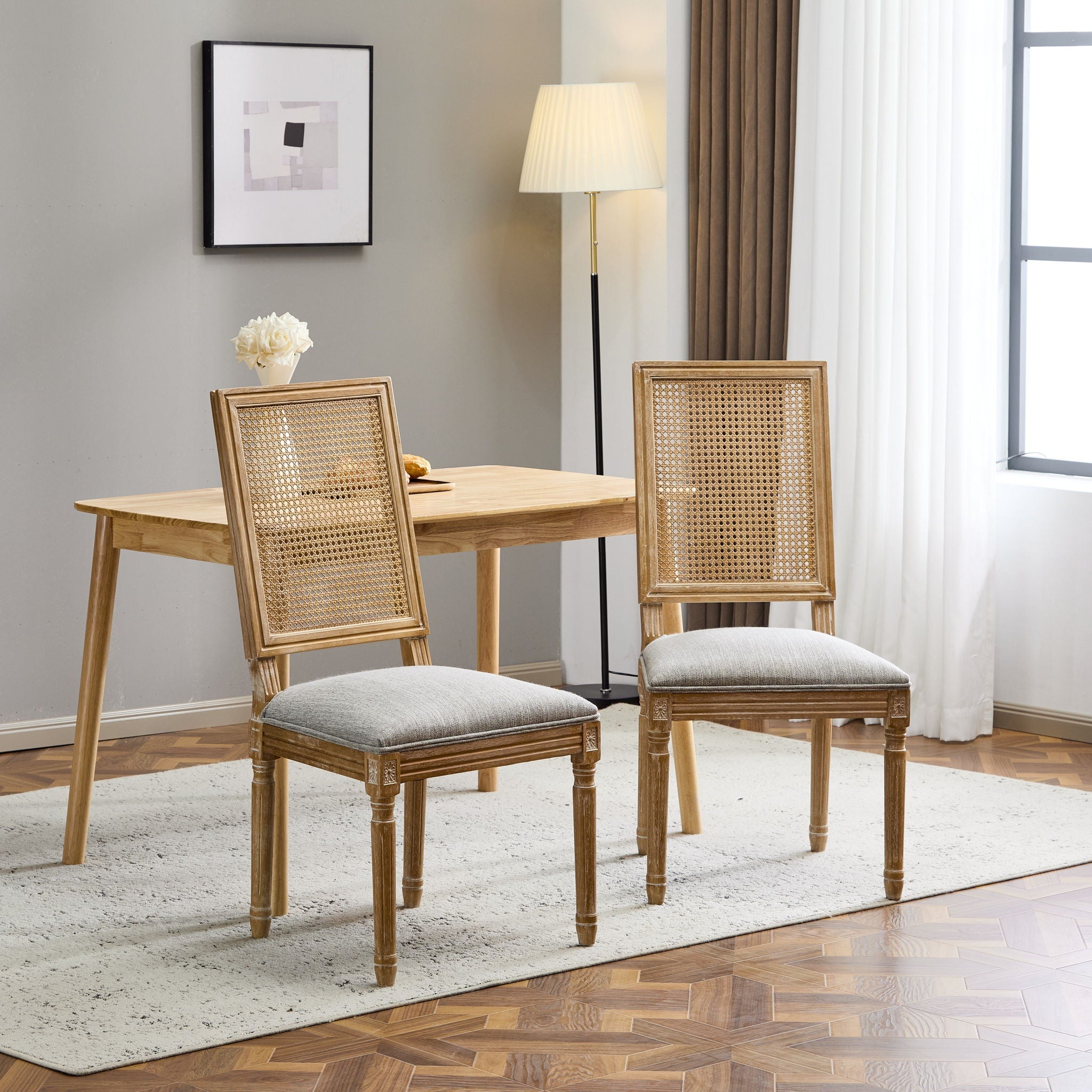 French Country Dining Chair With Rectangular Cane Backrest And Smooth Upholstered Seating