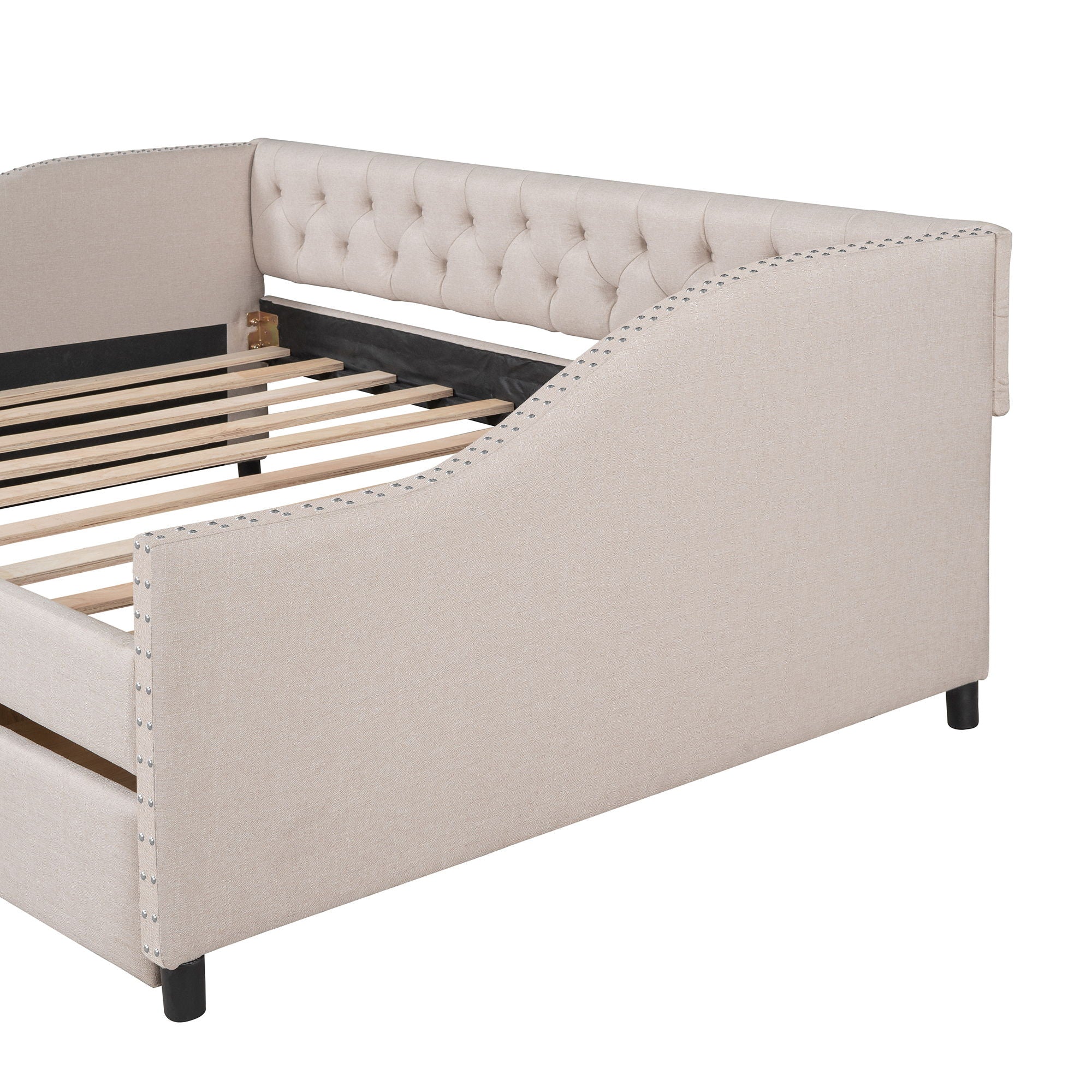 Upholstered Daybed With Two Drawers, Wood Slat Support