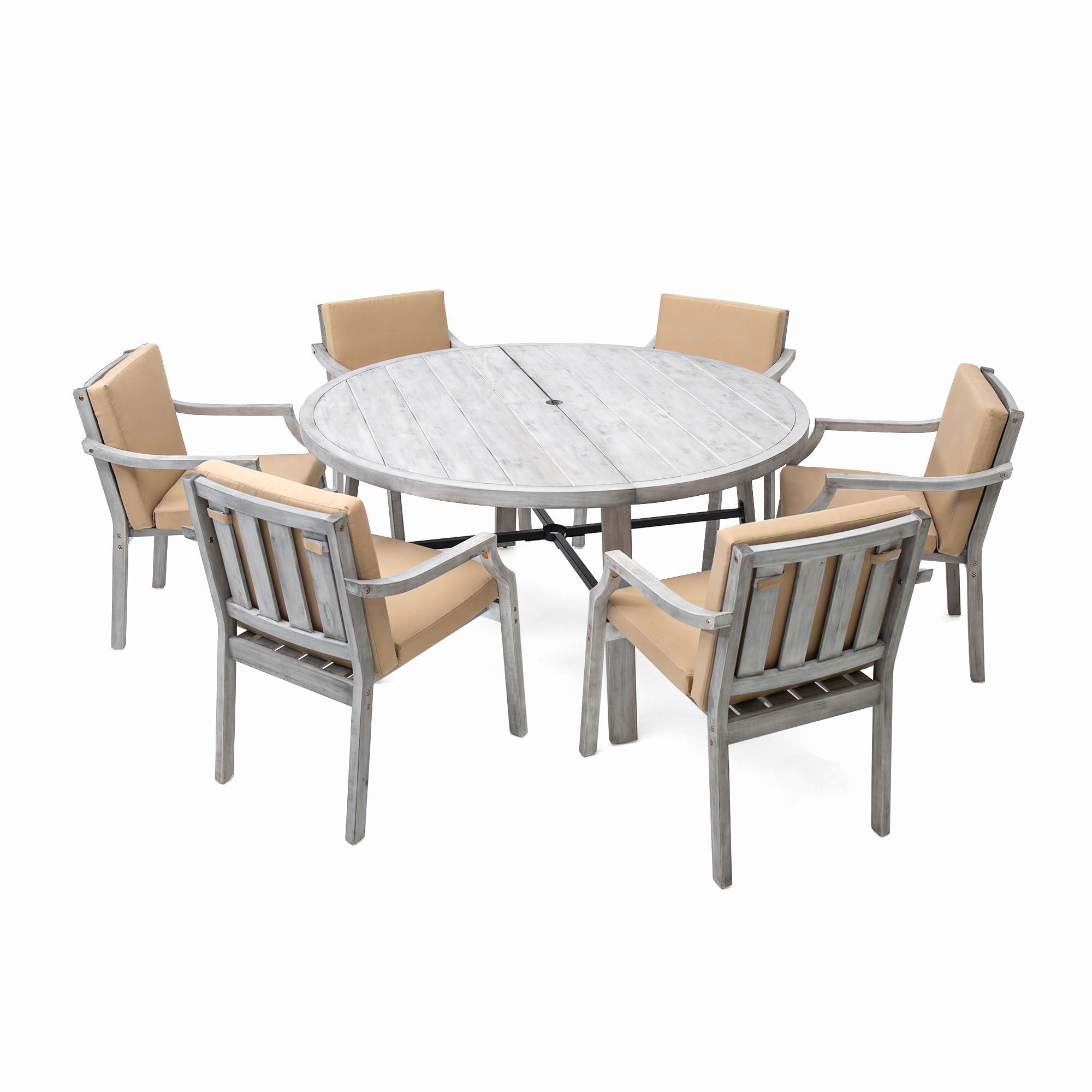6 Person Outdoor Wooden Dining Set With Umbrella Hole And Removable Cushions For Patio - Gray