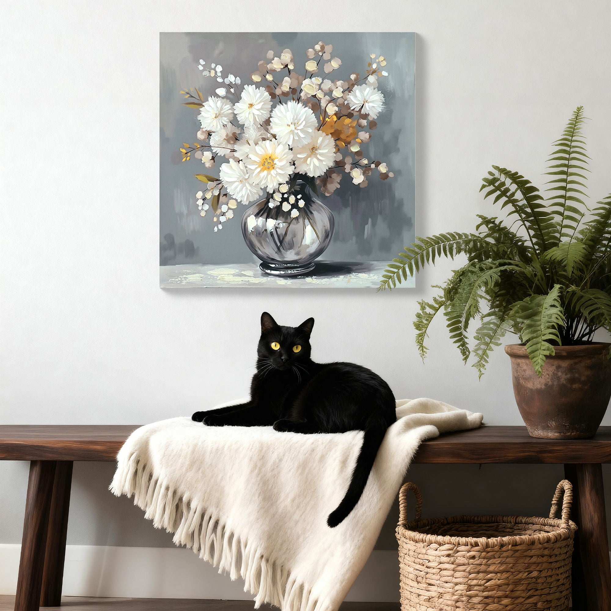 Chrysanthemum Vase Canvas Wall Art Decor Country - Stone White