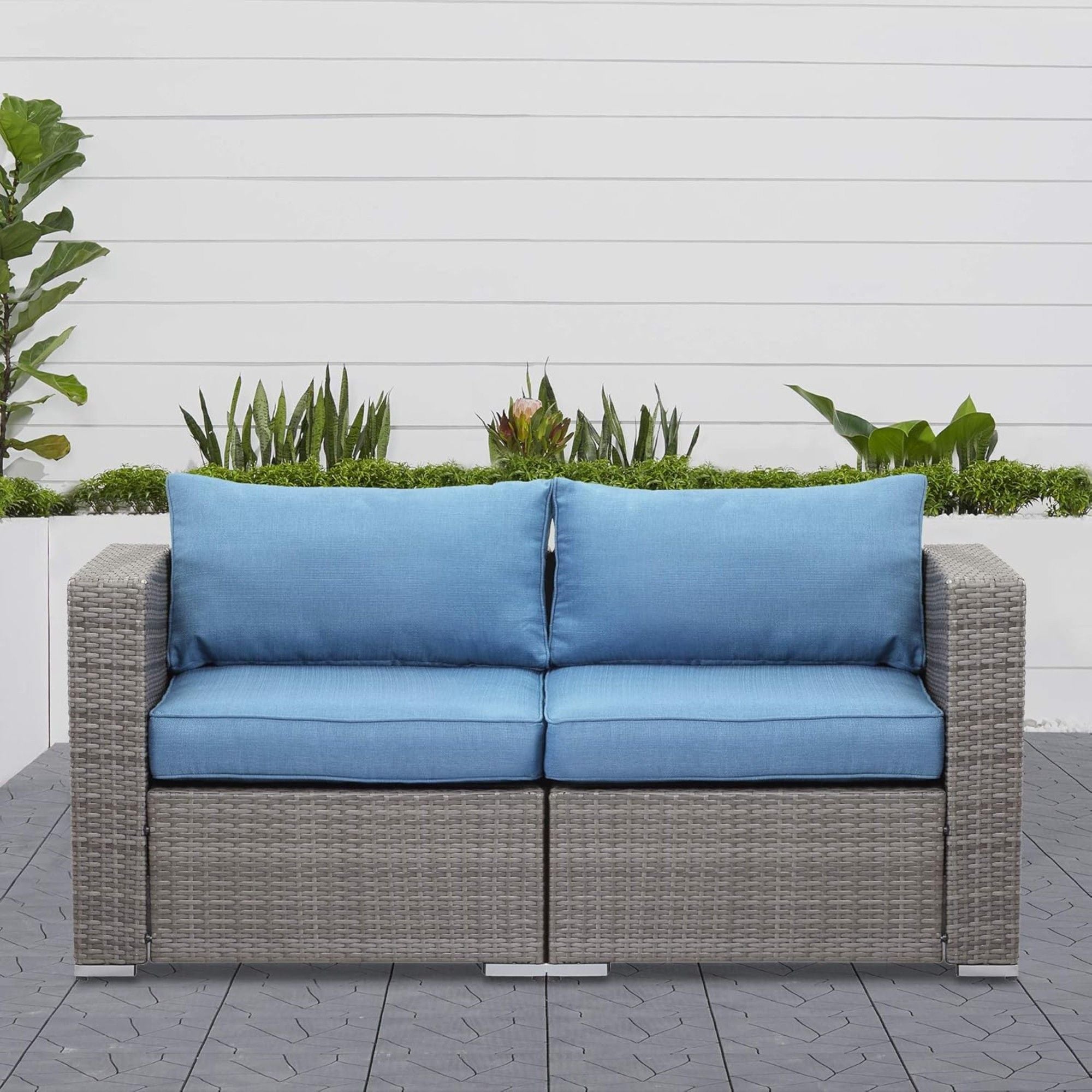 2 Piece Patio Loveseat Set With Thick Cushions, Outdoor Sectional Sofa For Balcony - Blue / Brown