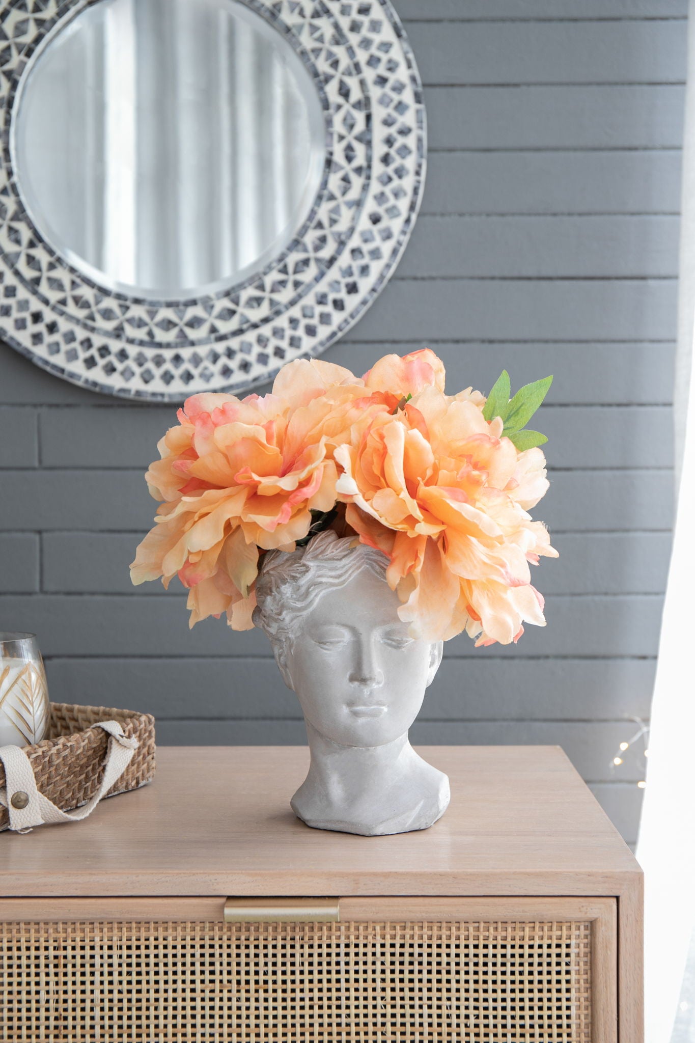 Greek Style Cement Head Planter Indoor Outdoor Home Garden Decor - Gray