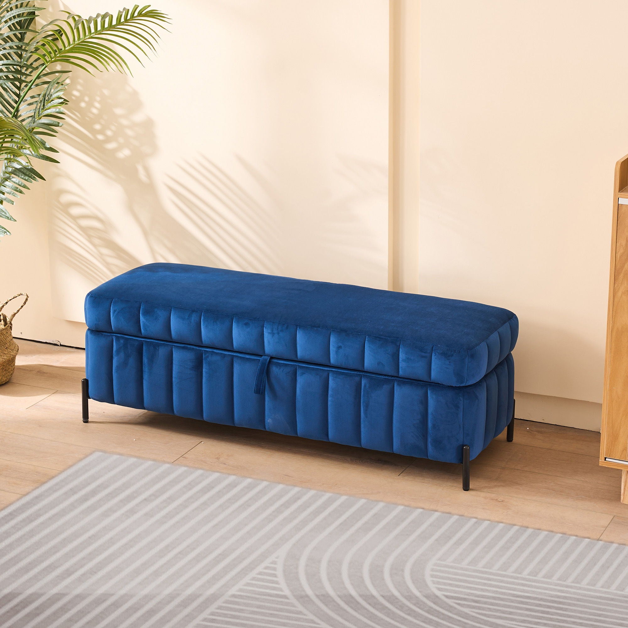 Wide Upholstered Velvet Storage Soft Bench Ottoman With Metal Legs