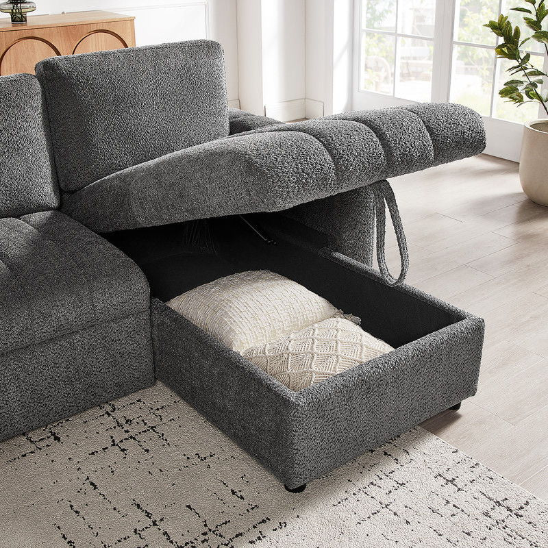 Seraphina 101"W Gray Chenille Fabric Reversible Sleeper Sectional Sofa with Storage Chaise, Cupholders, USB Charging Port, and Throw Pillows