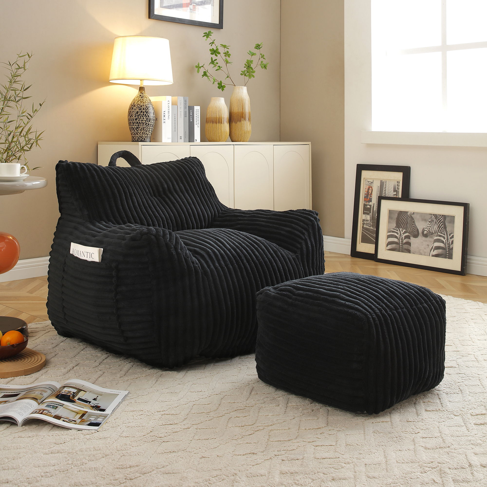 Giant Plush Bean Bag Chair With Armrests And Footstool