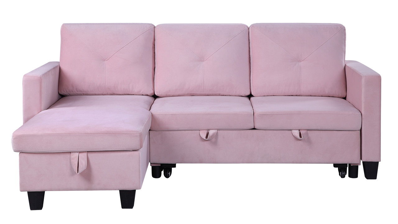Nova 82.5"W Pink Velvet Reversible Sleeper Sectional Sofa with Storage Chaise