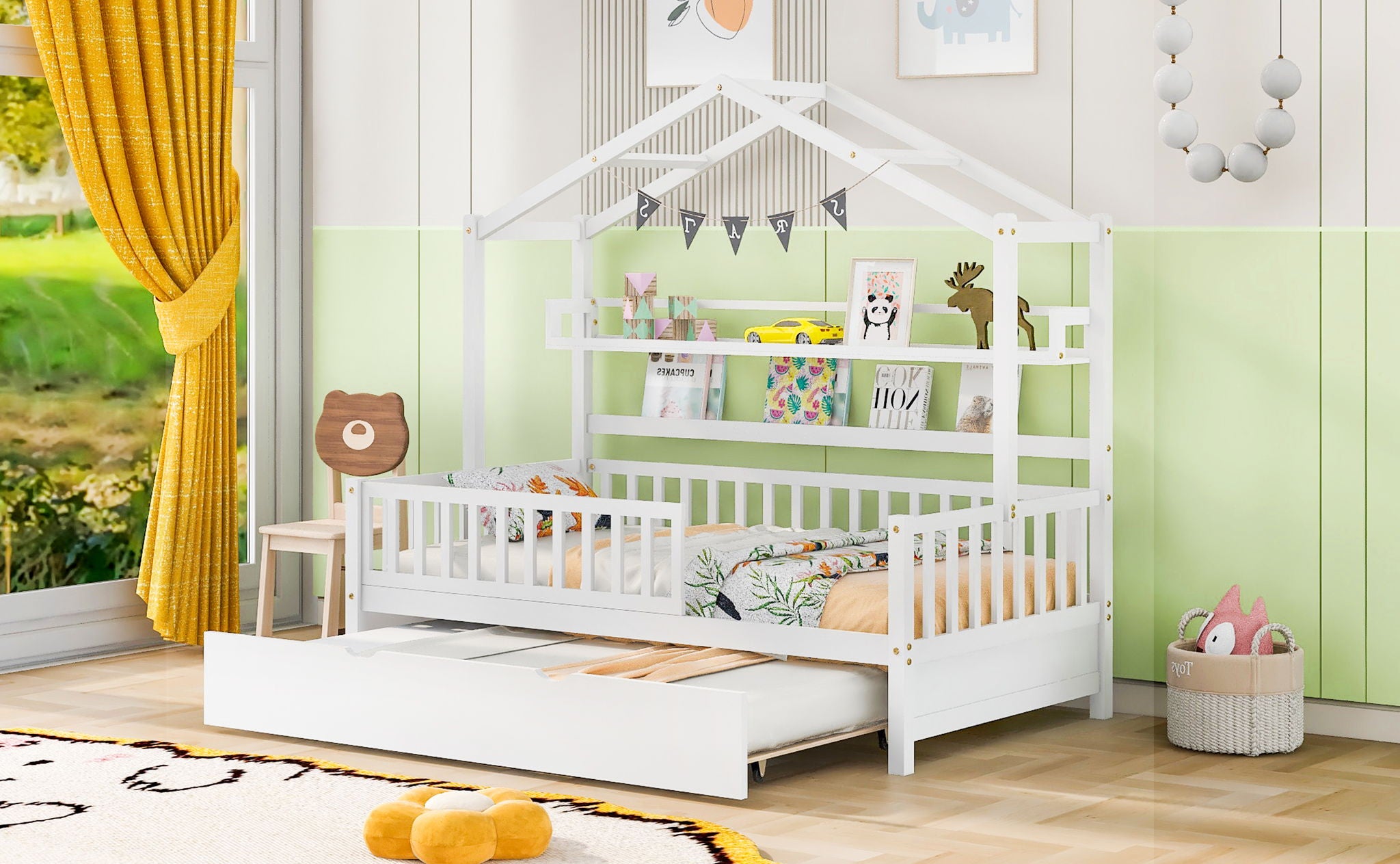 Playhouse Bed With Trundle, Kids Bed With Shelf