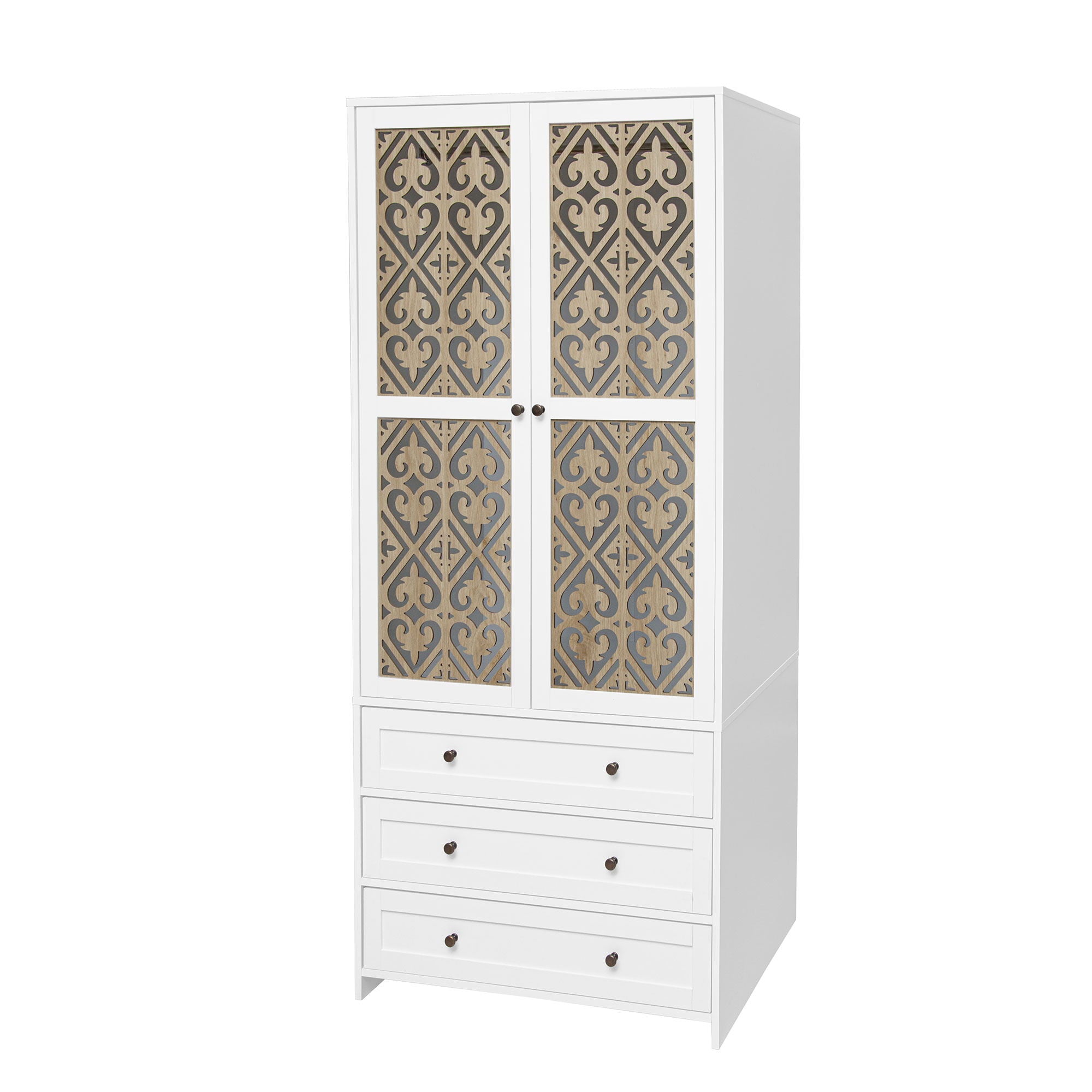 Hollow Pattern 2 Door 3 Drawer Wardrobe, The Collision Of Wood Color, Suitable For Bedrooms And Dressing Rooms - White