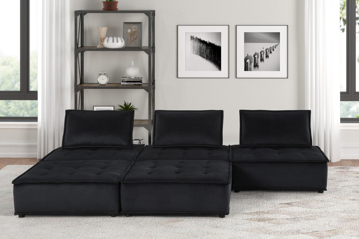Anna 120"W Black Velvet 5 Pc Sectional Sofa Ottoman